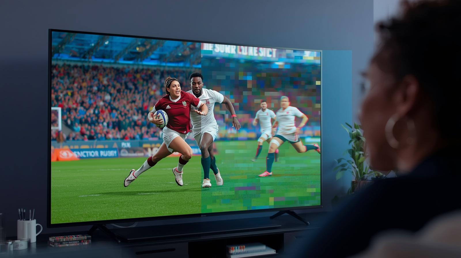A person watching a rugby match on TV with clear HD vs pixelated split screen