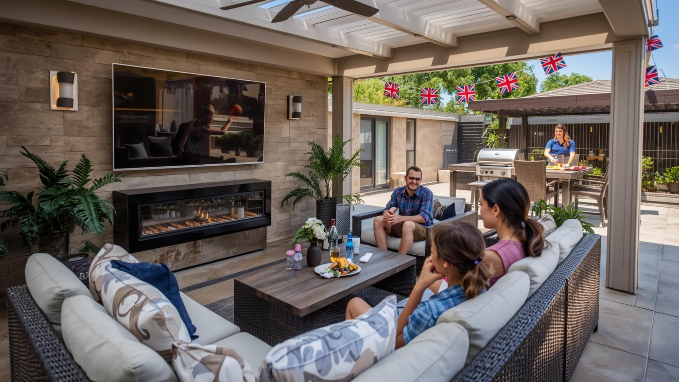 Family watching TV in a covered outdoor entertaining area during an Australia Day BBQ