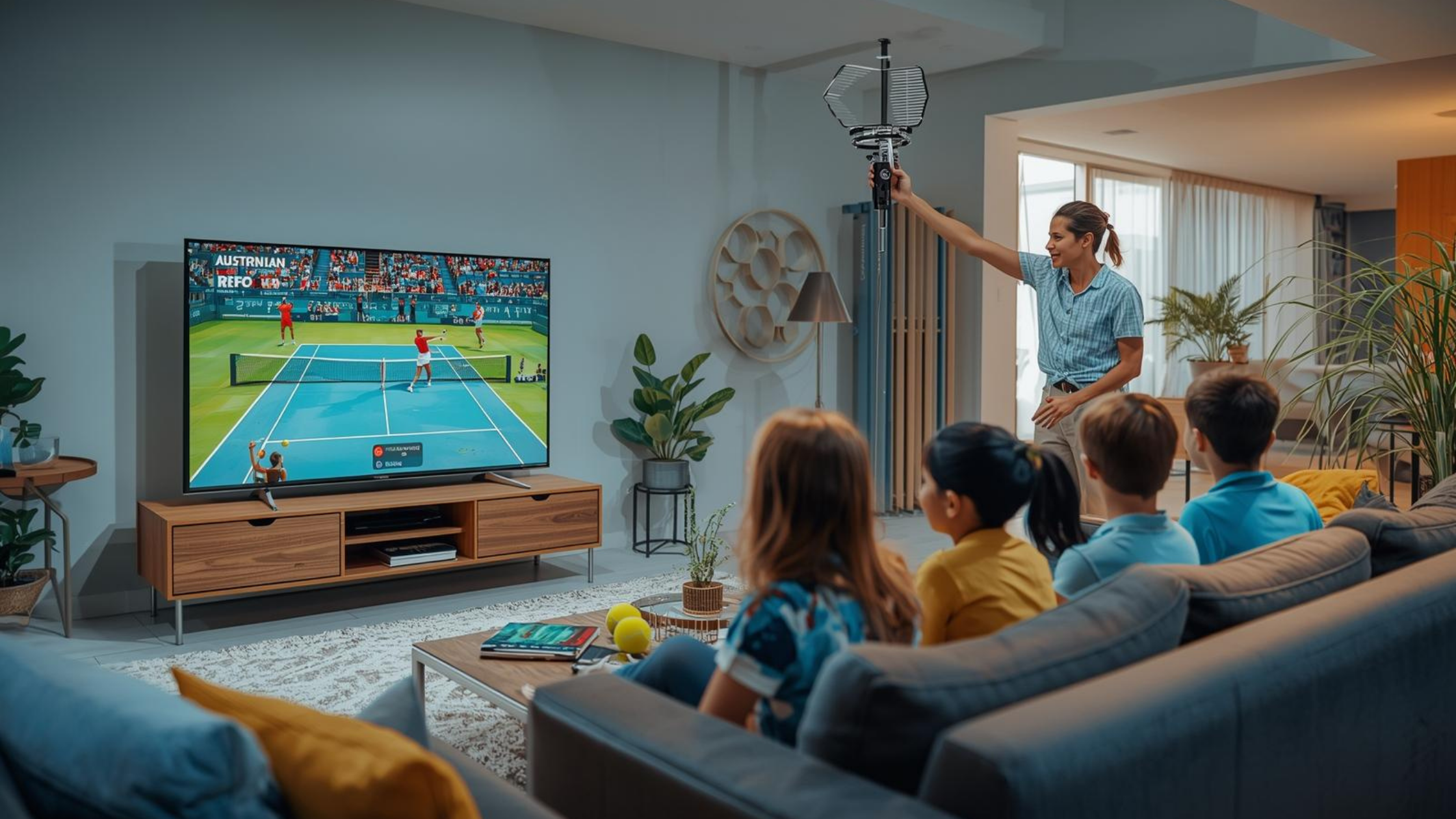 Family watching Australian Open tennis on TV while checking antenna signal quality for clear reception