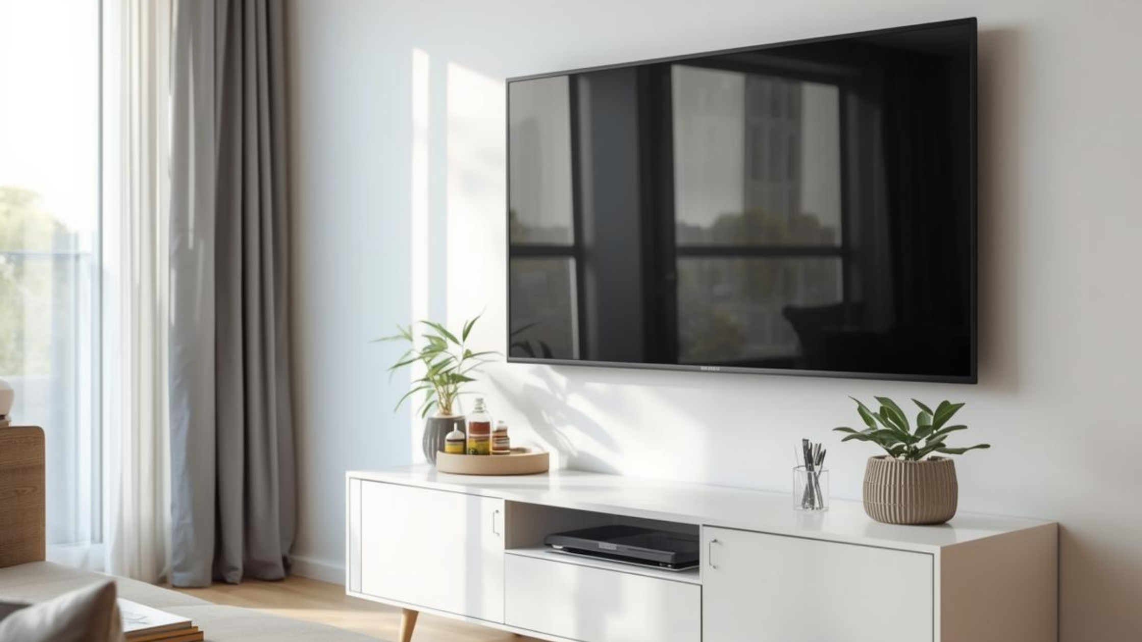 Wall-mounted large TV in a modern living room setup, illustrating the need for professional TV mounting during Boxing Day upgrades.