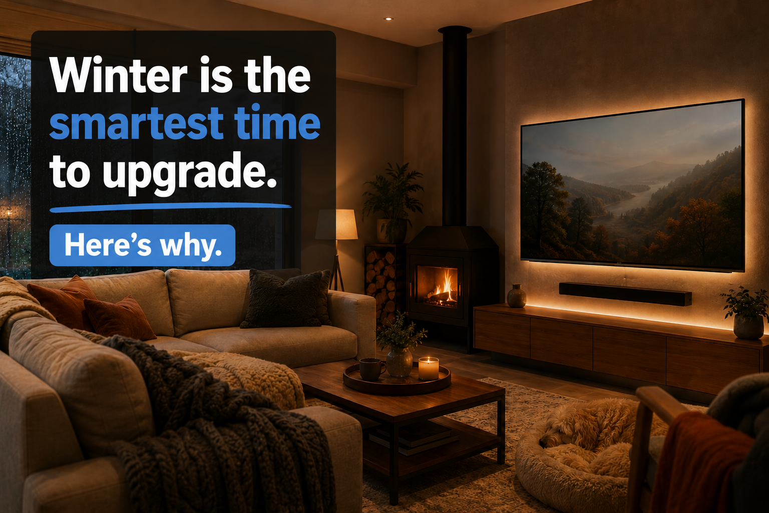 Cozy living room with a modern TV setup, fireplace, and rain outside, creating the perfect indoor entertainment space during an Australian winter evening.