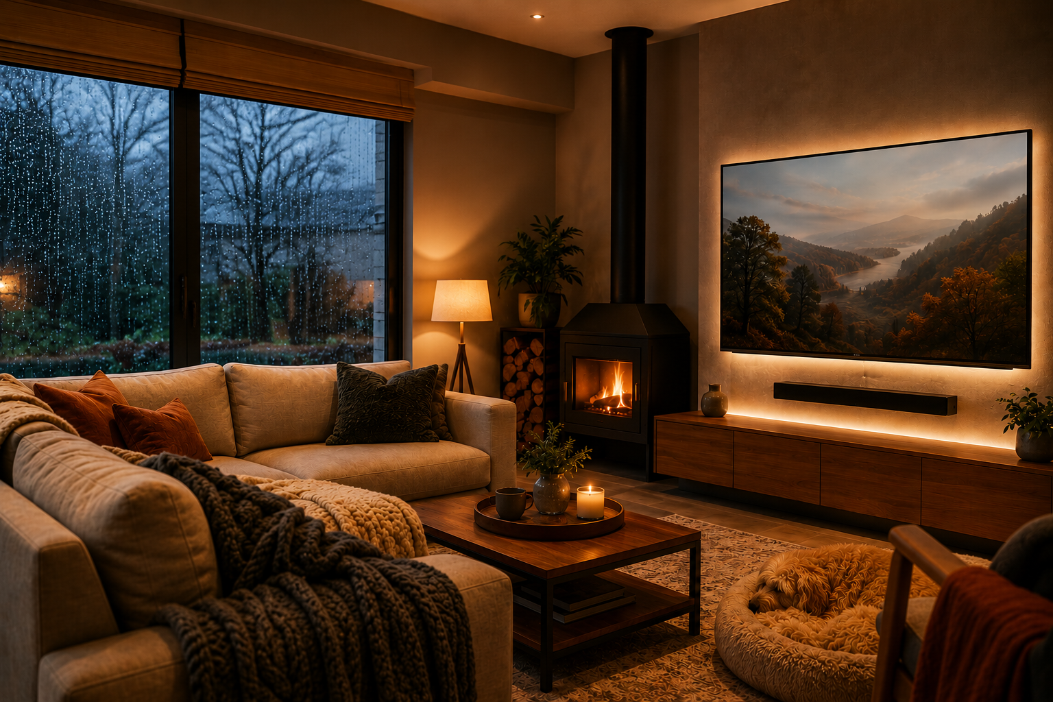 Cozy living room with a modern TV setup, fireplace, and rain outside, creating the perfect indoor entertainment space during an Australian winter evening.