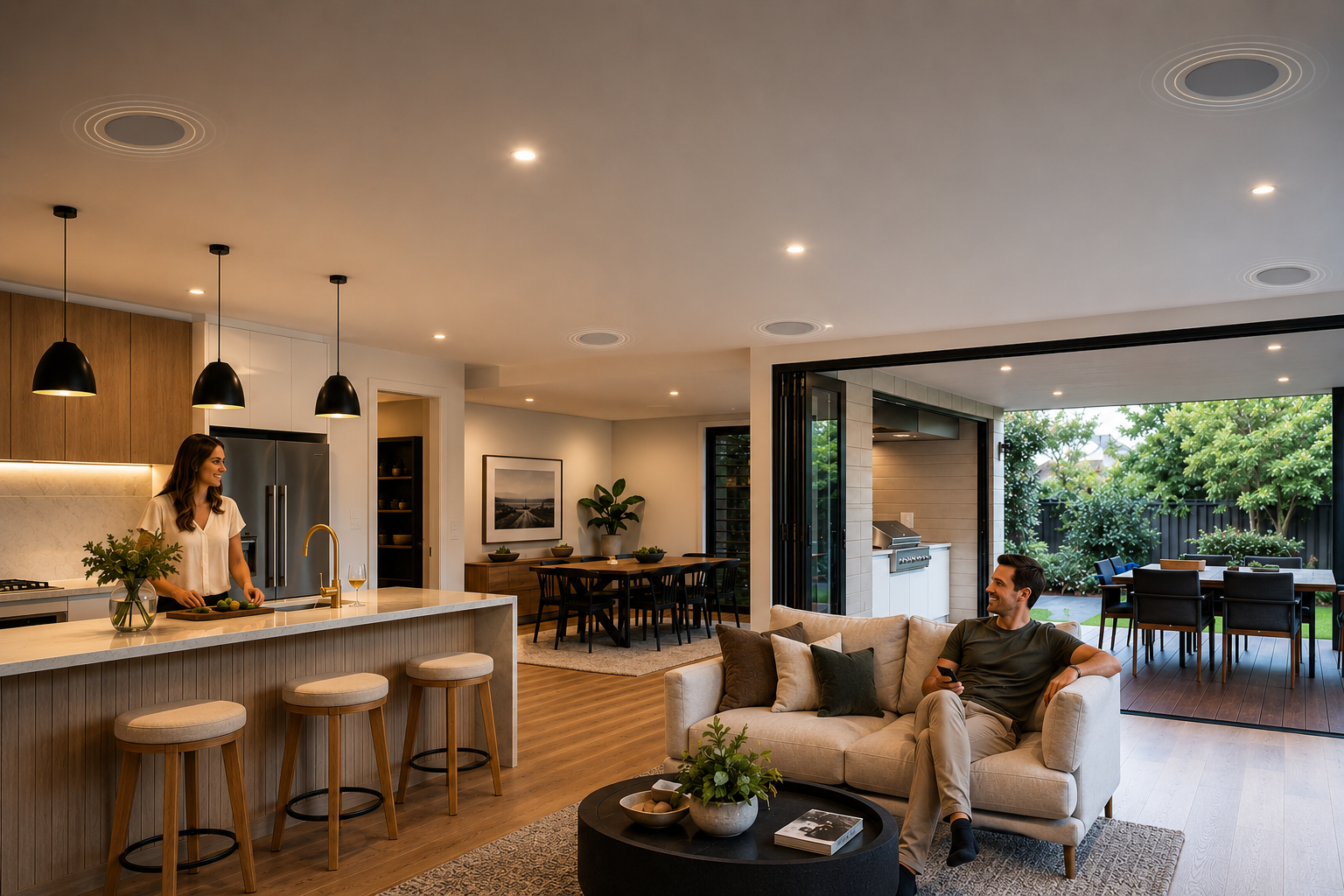 Modern open-plan home with multi-room ceiling speakers, integrated audio system, and seamless indoor-outdoor living space in Australia.