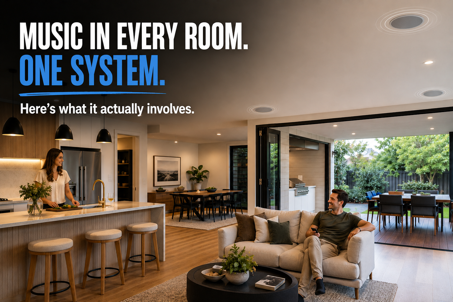 Modern open-plan home with multi-room ceiling speakers, integrated audio system, and seamless indoor-outdoor living space in Australia.