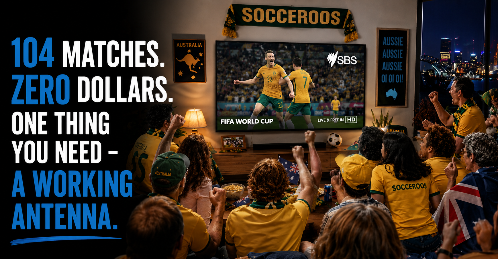 Group of Australian football fans watching a live soccer match on a large television using a free-to-air TV setup at home.