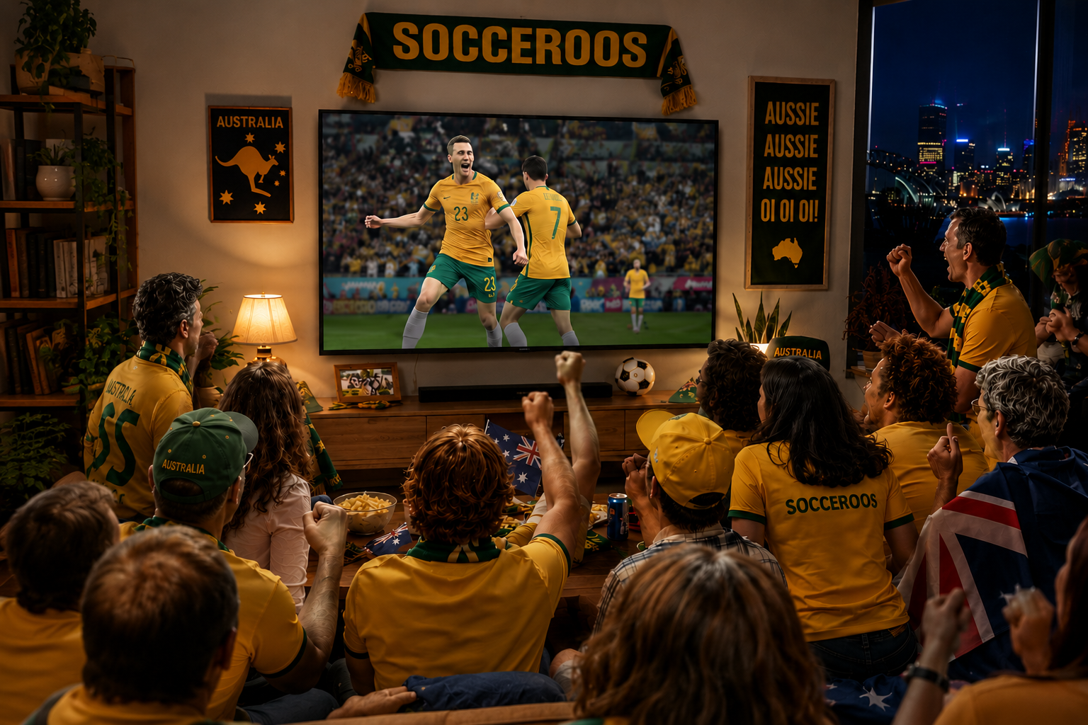 Group of Australian football fans watching a live soccer match on a large television using a free-to-air TV setup at home.