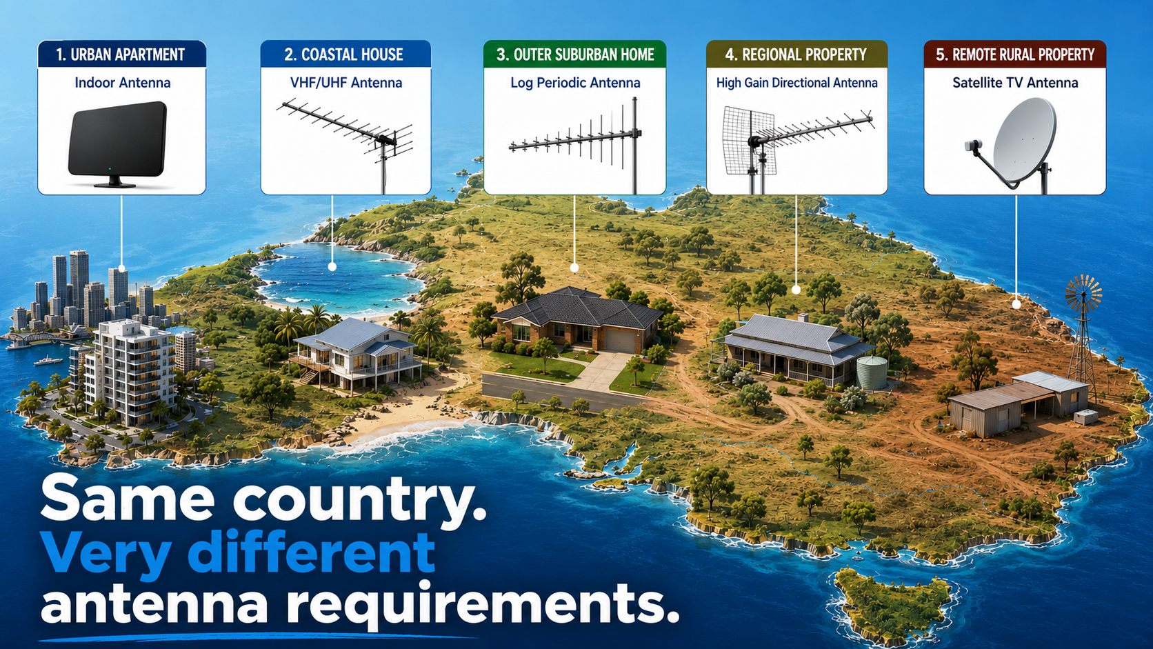 Visual comparison of urban, coastal, suburban, regional, and rural Australian properties demonstrating how antenna requirements vary by location.