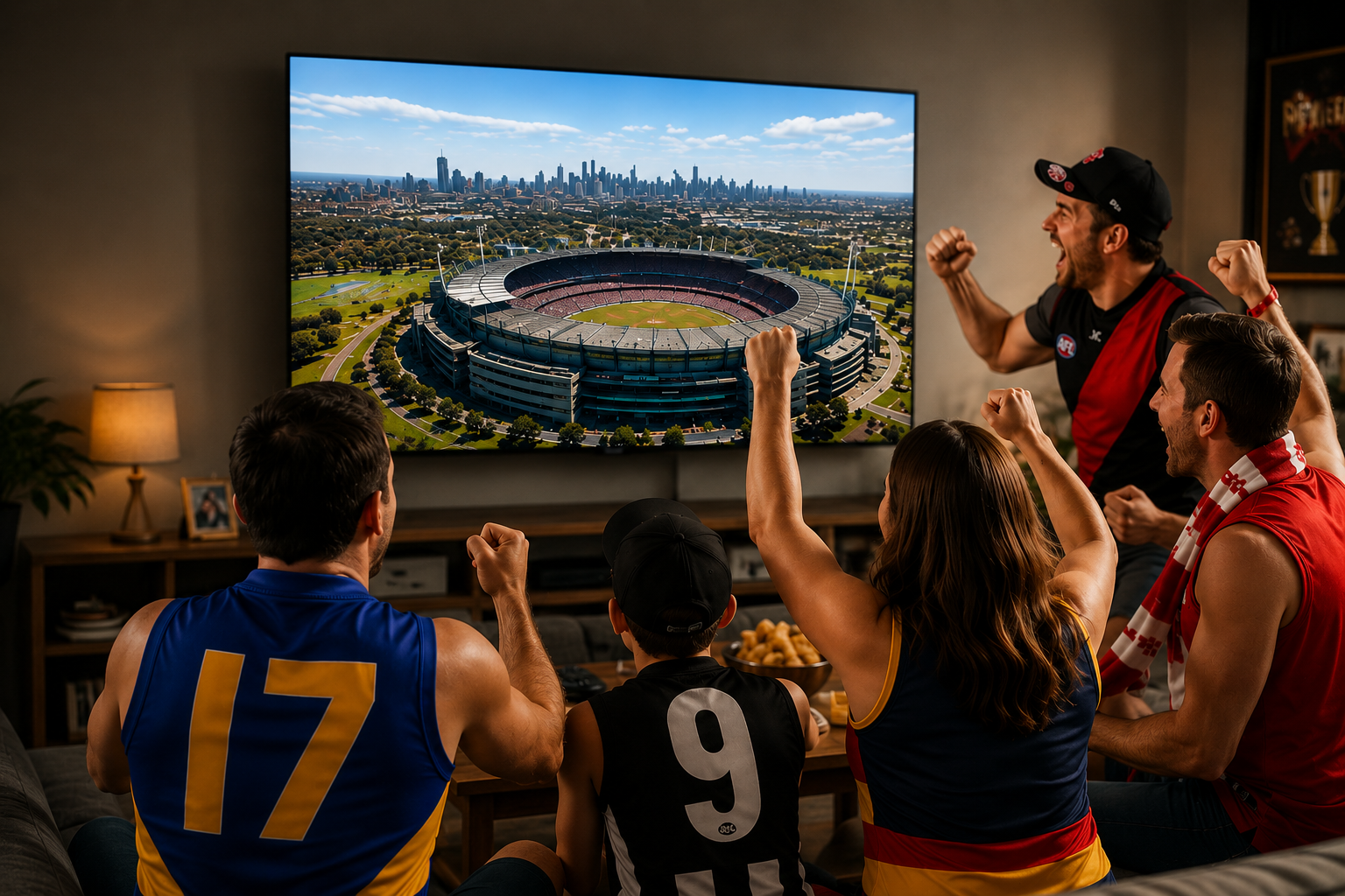 Group of AFL supporters cheering while watching a live football game on a wall-mounted television in an Australian home.
