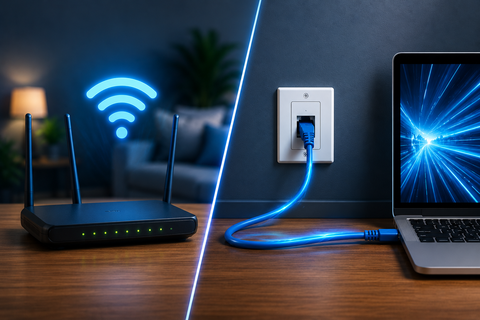 Wi-Fi router compared with a wired Ethernet connection to a laptop, highlighting different home networking options.