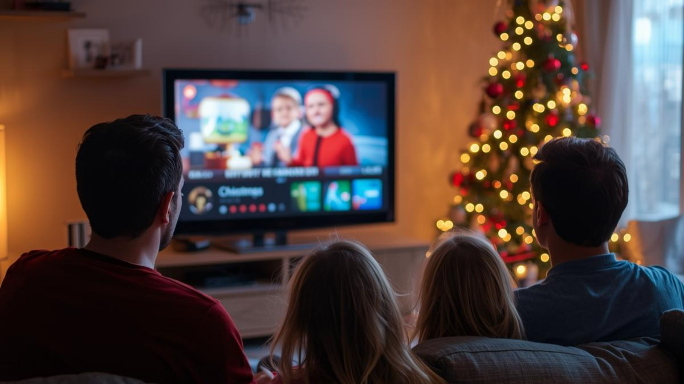 Family watching TV during Christmas holidays with decorated tree in background, illustrating Christmas TV reception issues and the need for antenna checks.