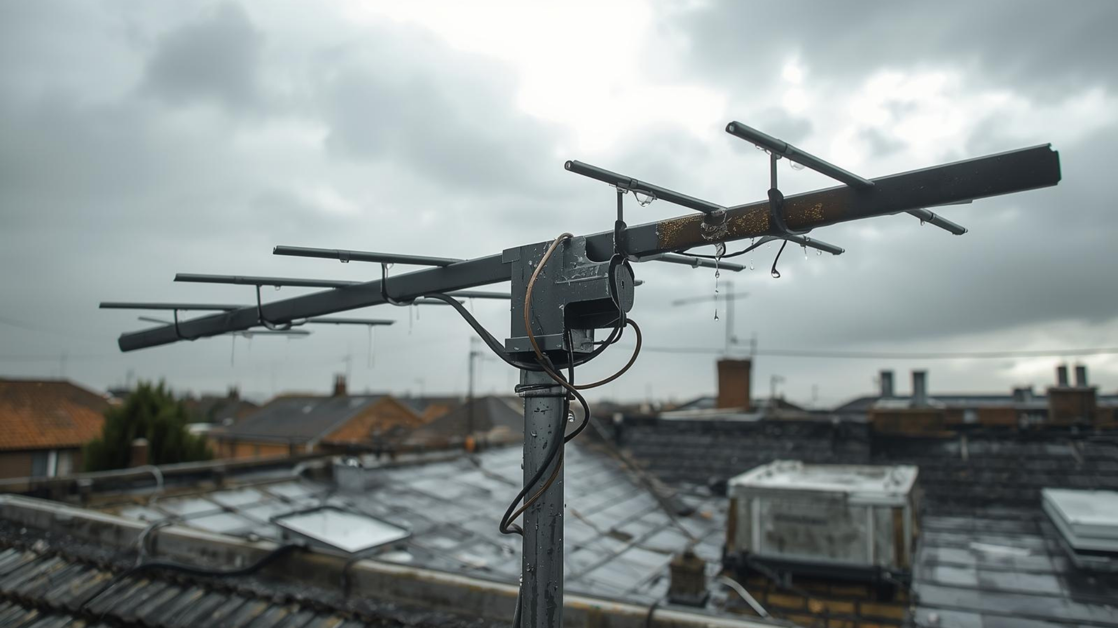 Storm damaged TV antenna showing rain damage and loose elements after heavy rainfall