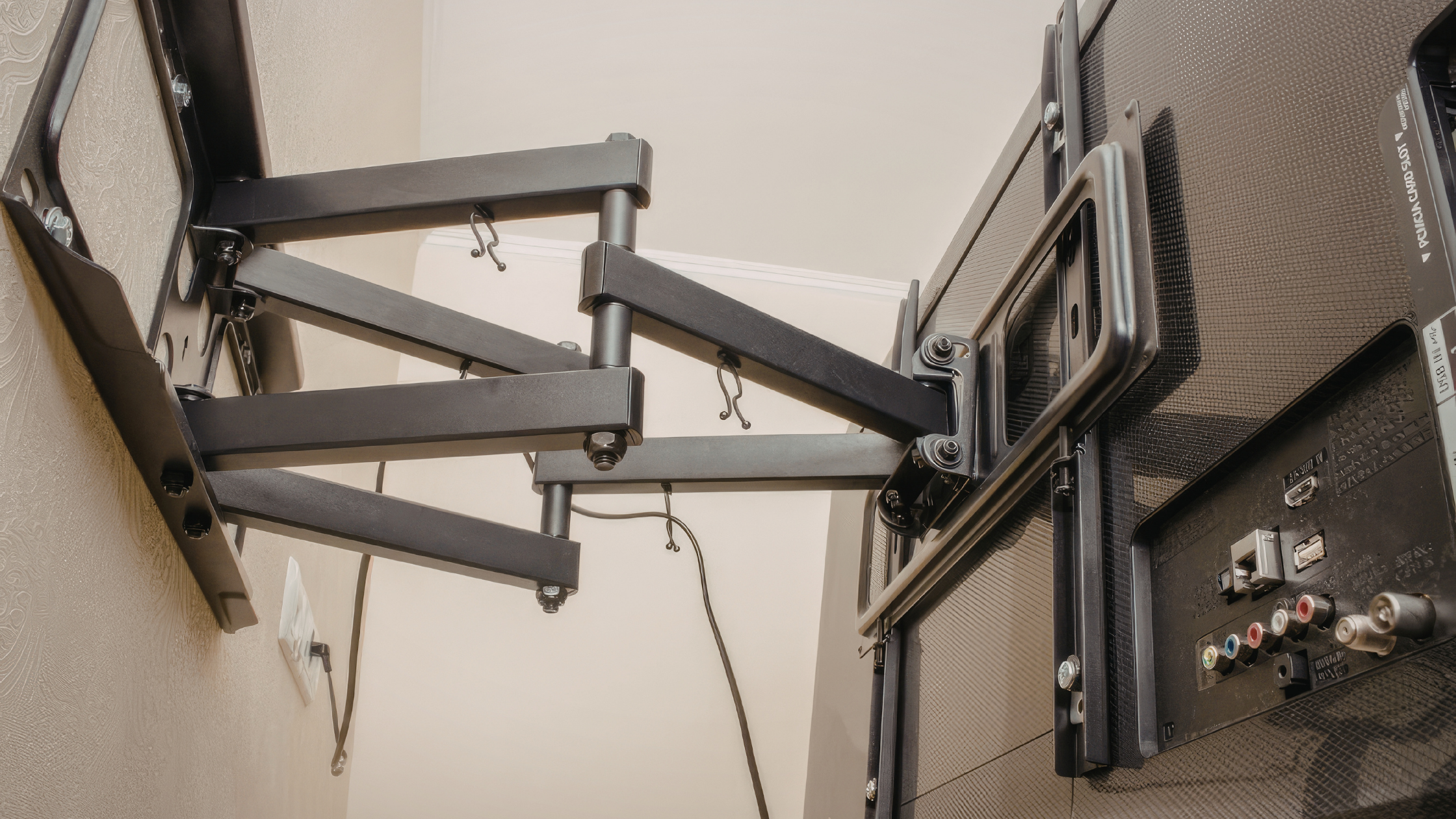 Wall mounted television with adjustable bracket showing wiring behind screen linked to extra tv points reception issues in home setup