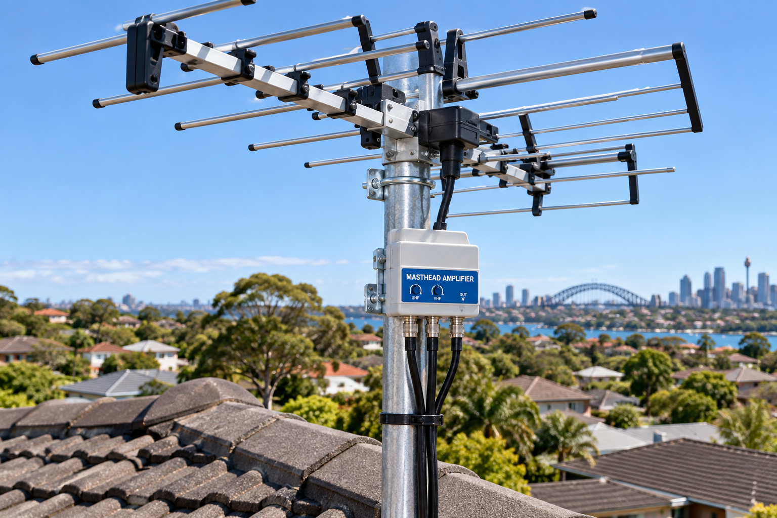 TV antenna booster fitted to an antenna mast on a Sydney home