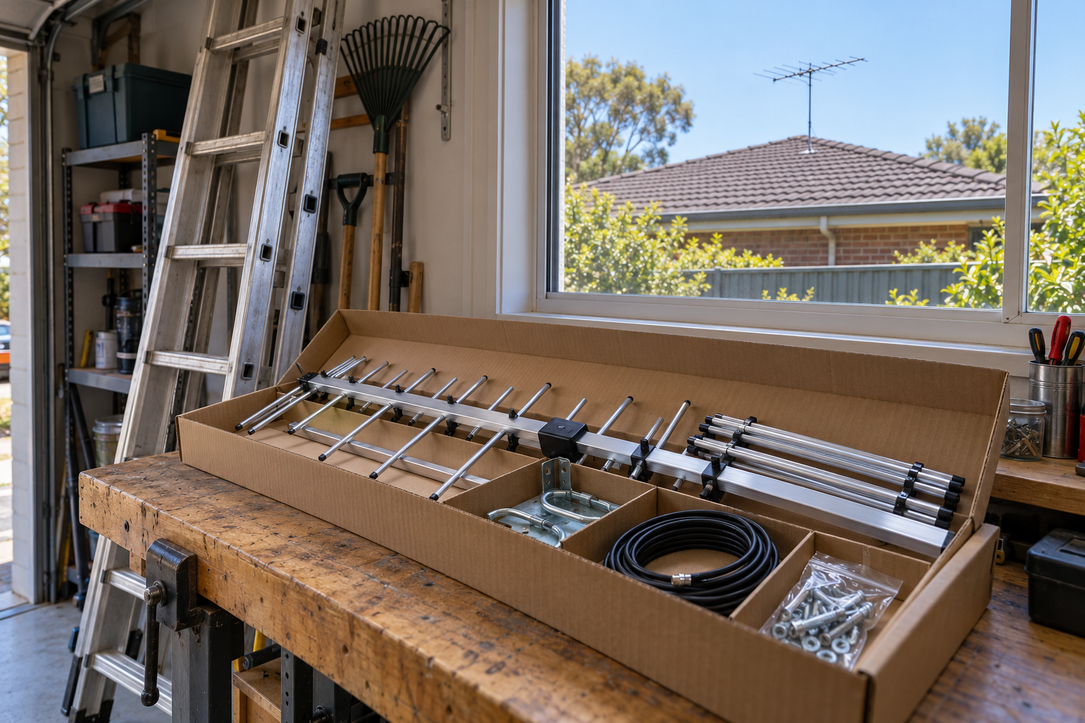 DIY TV antenna kit on a workbench compared with a professionally installed roof antenna