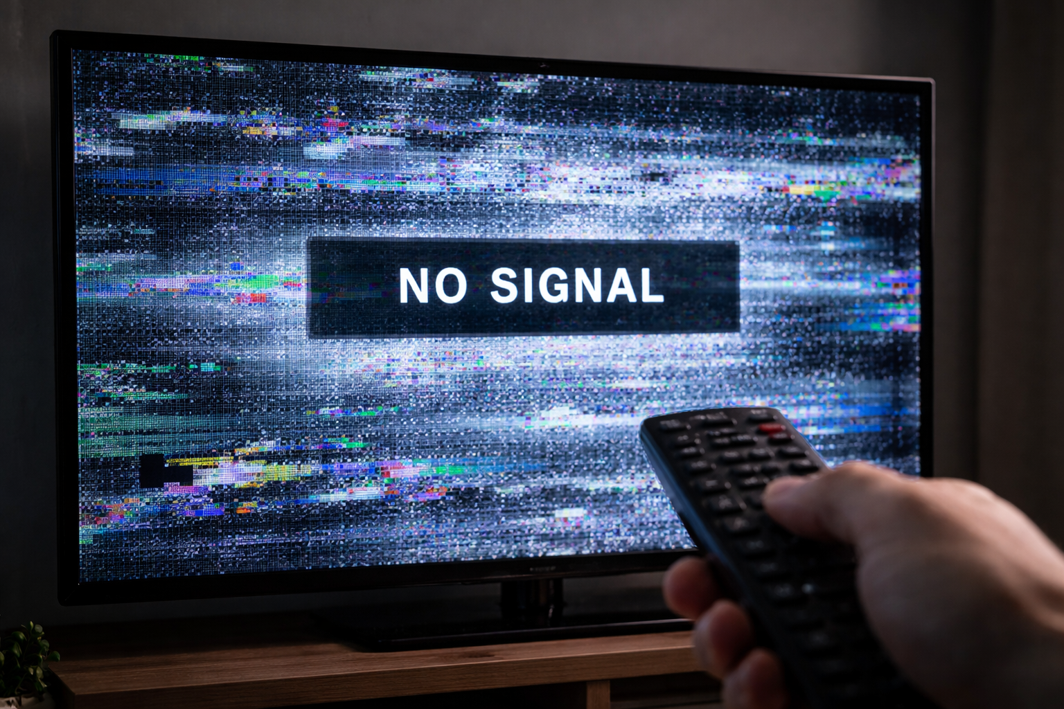 Television screen showing no signal error with static interference and remote control in hand indicating missing digital tv channels