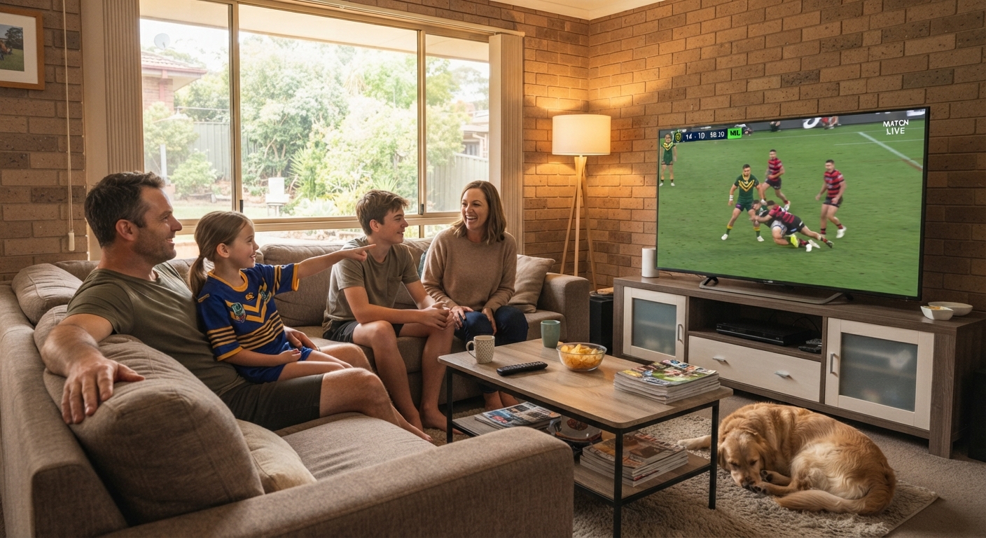 Sydney family watching football on TV after a TV antenna repair