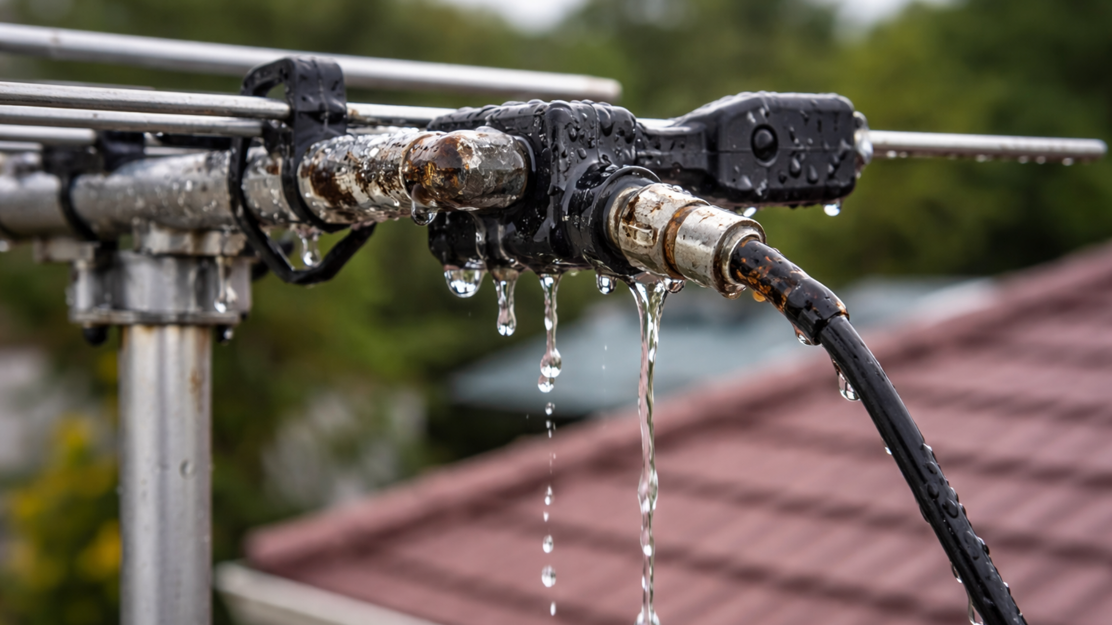 Water dripping from a corroded rooftop TV antenna and coaxial cable showing antenna water ingress and moisture damage after heavy rain