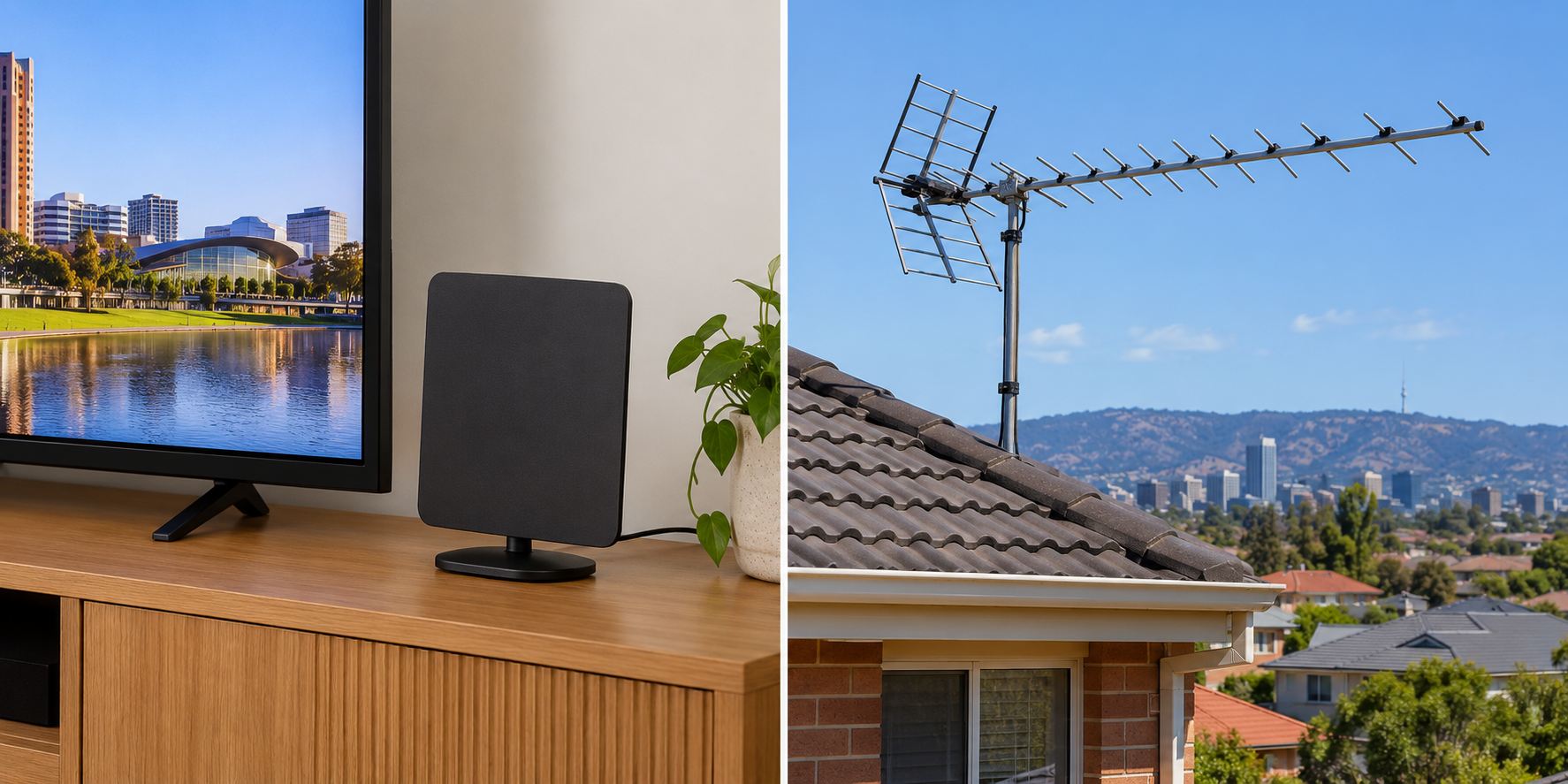 Indoor TV antenna next to an outdoor TV antenna on an Adelaide home