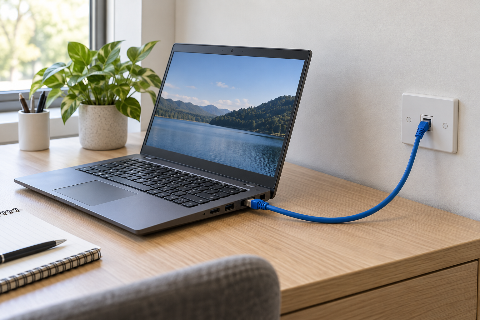 Laptop connected to a wired data point in a Melbourne home office