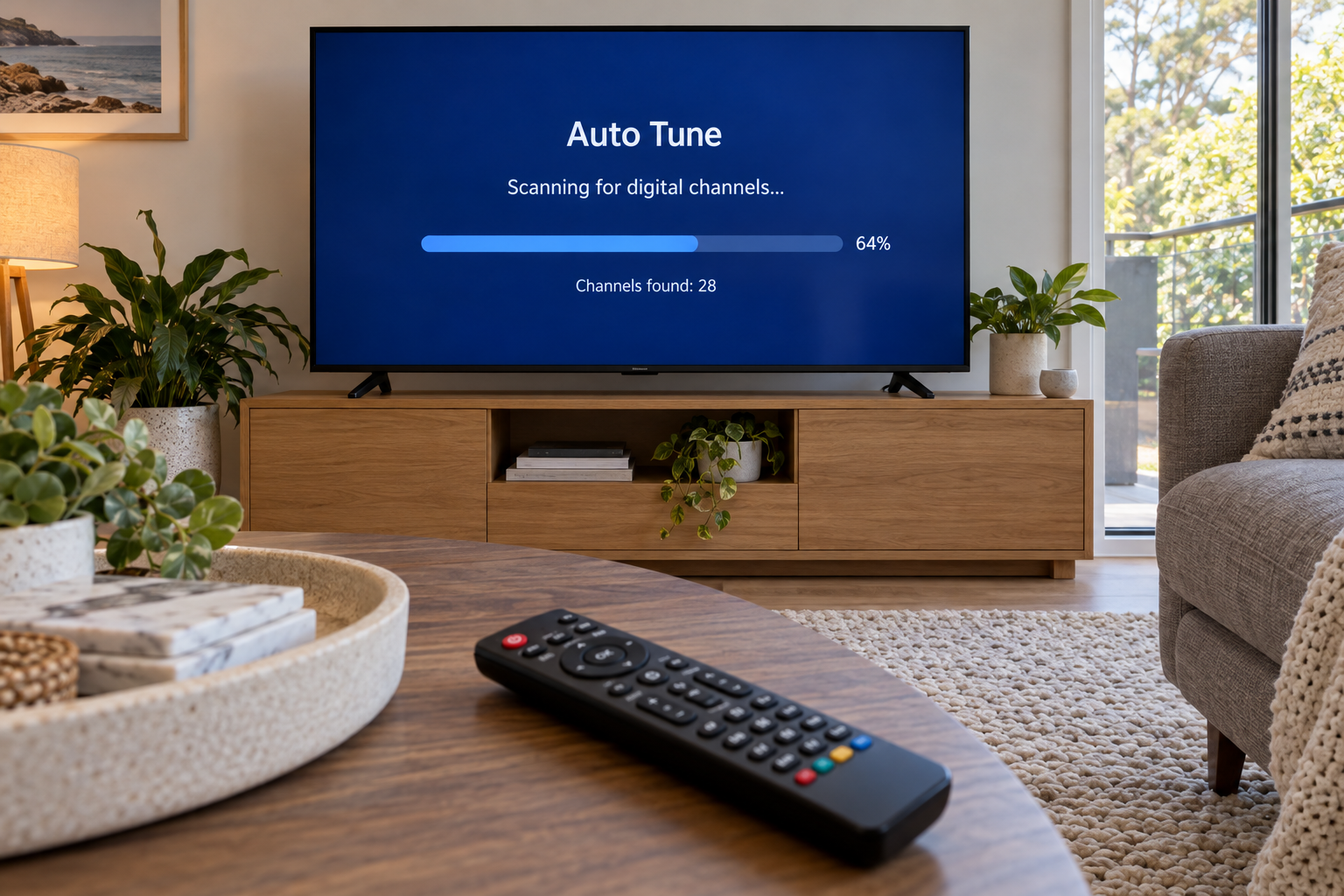 TV showing a channel scan menu during a retune