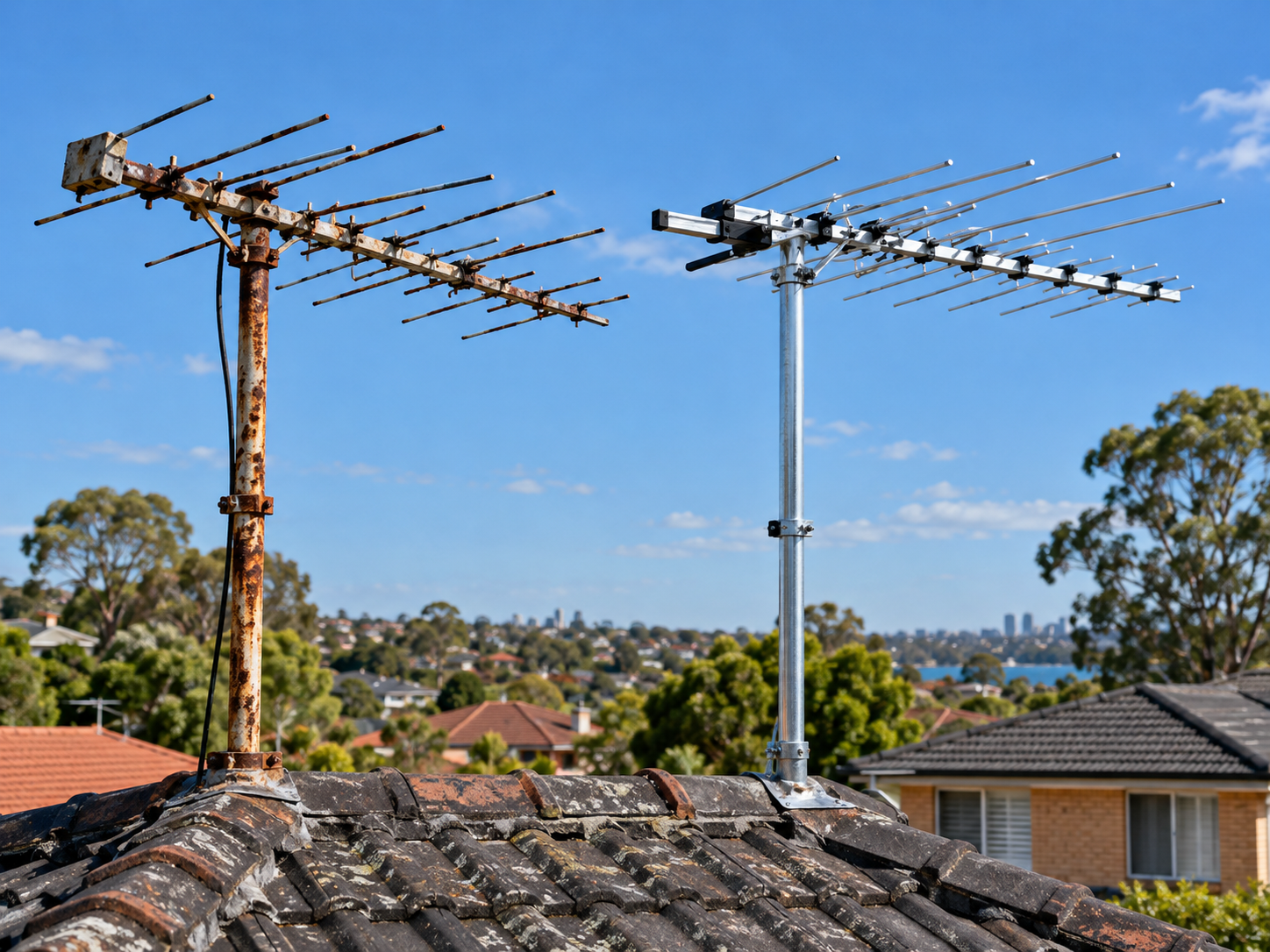 Old corroded TV antenna beside a new TV antenna on a Sydney roof
