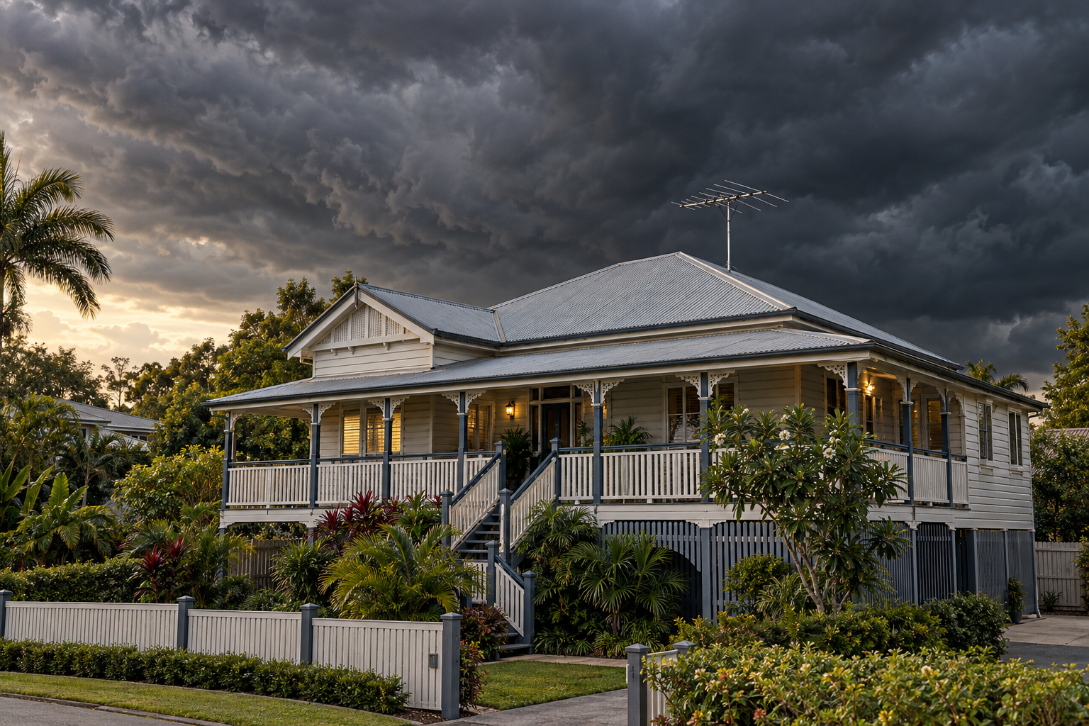 Storm clouds gathering over a Brisbane home with a TV antenna