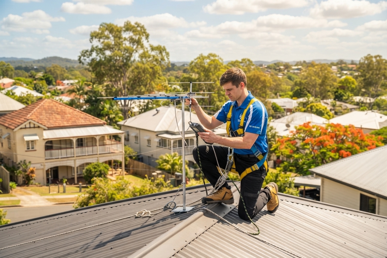 Technician carrying out TV antenna repair on a Brisbane roof
