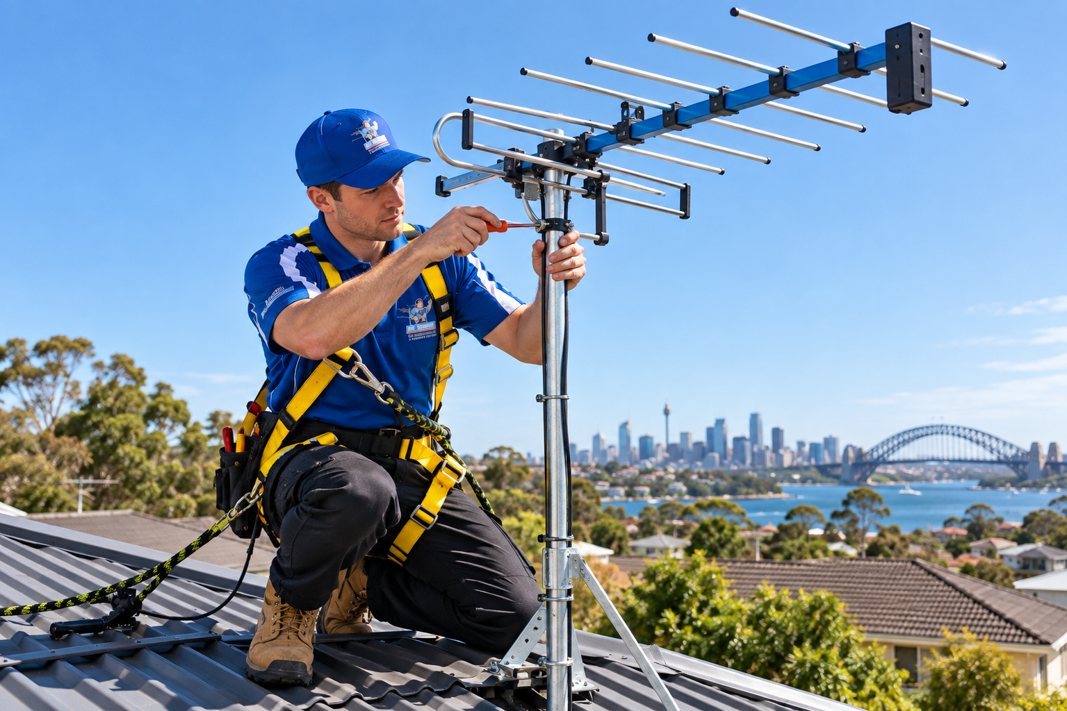 Technician completing a TV antenna installation in Sydney