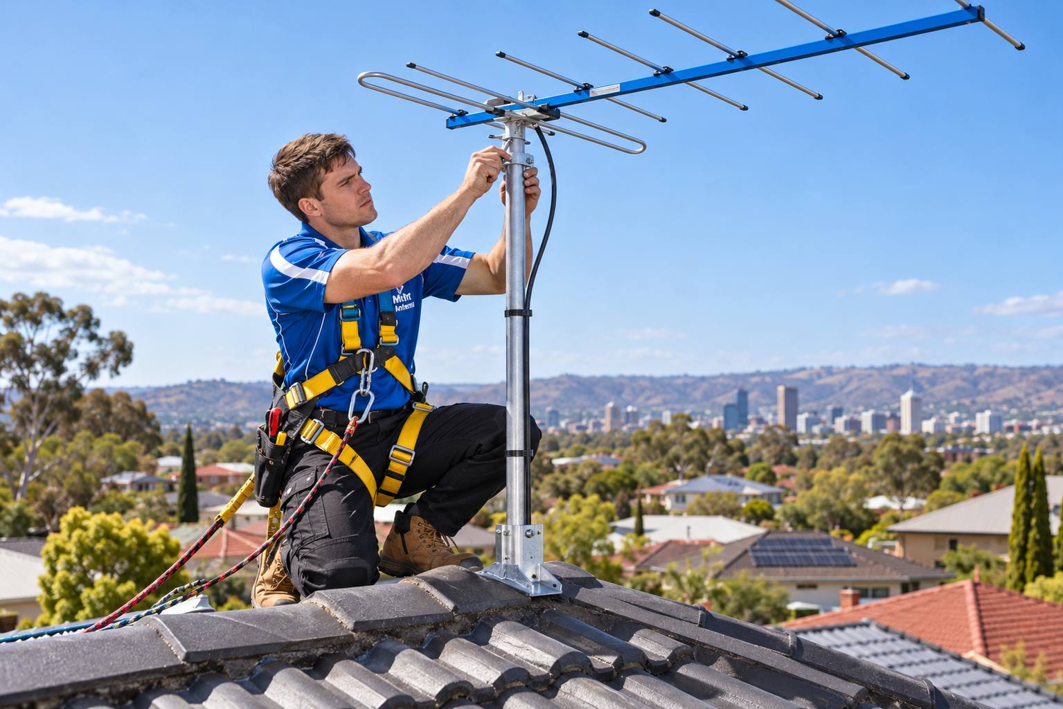 Technician completing a TV antenna installation in Adelaide
