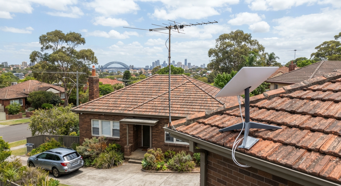 TV antenna on a Sydney home roof beside a satellite internet dish