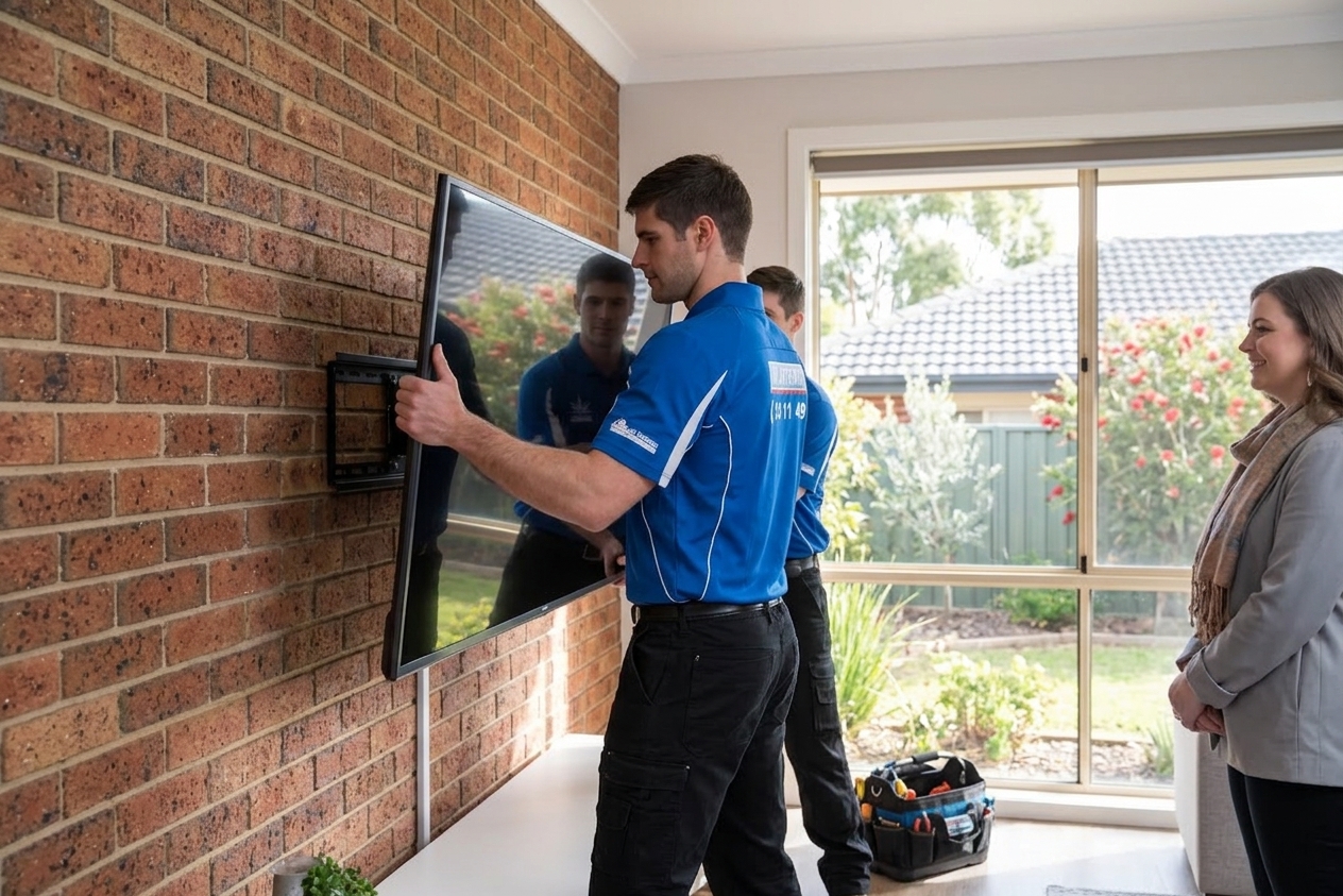 TV wall mounting on a brick wall in an Adelaide home