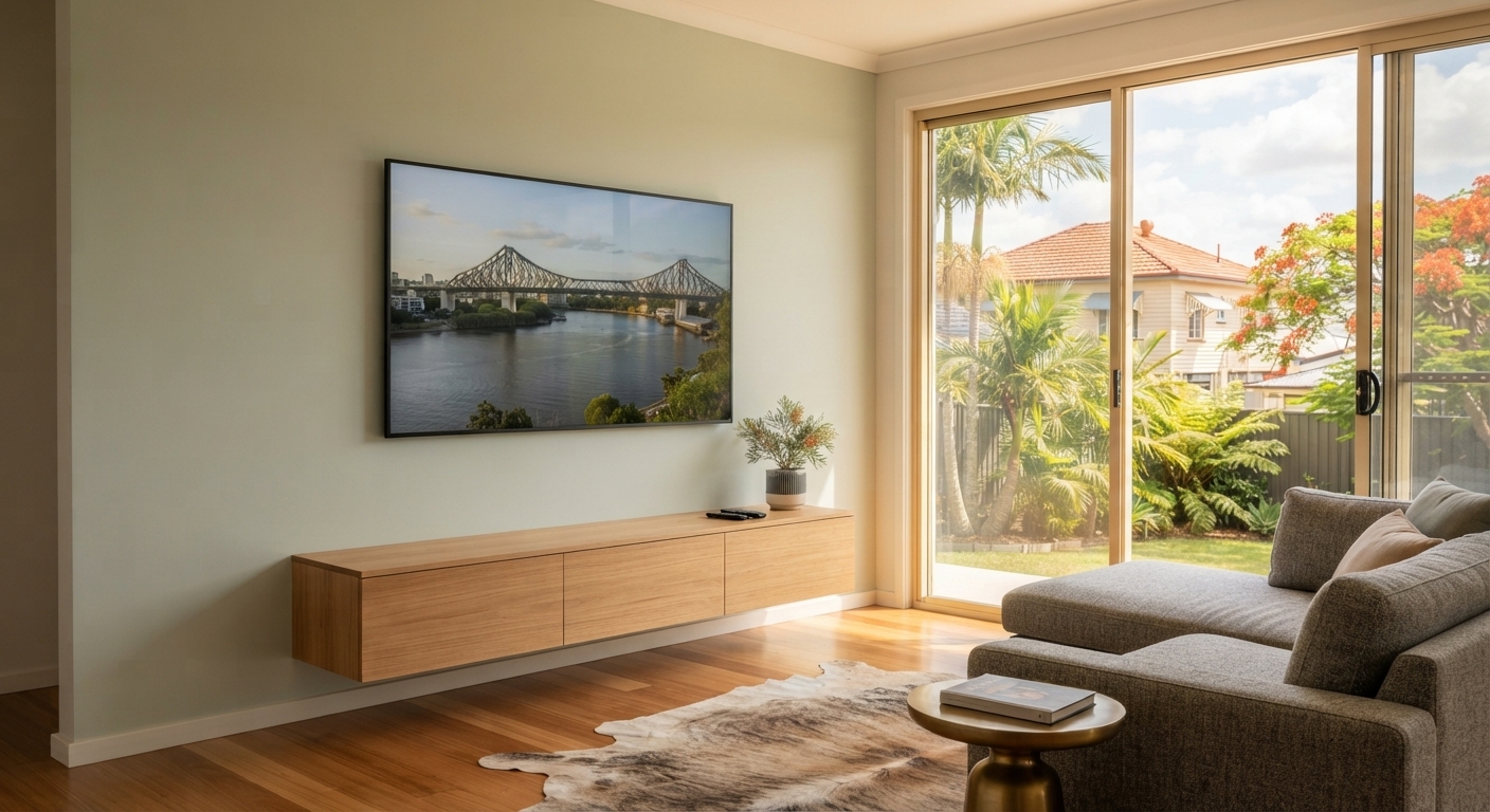 Professional TV wall mounting in a Brisbane living room with hidden cables