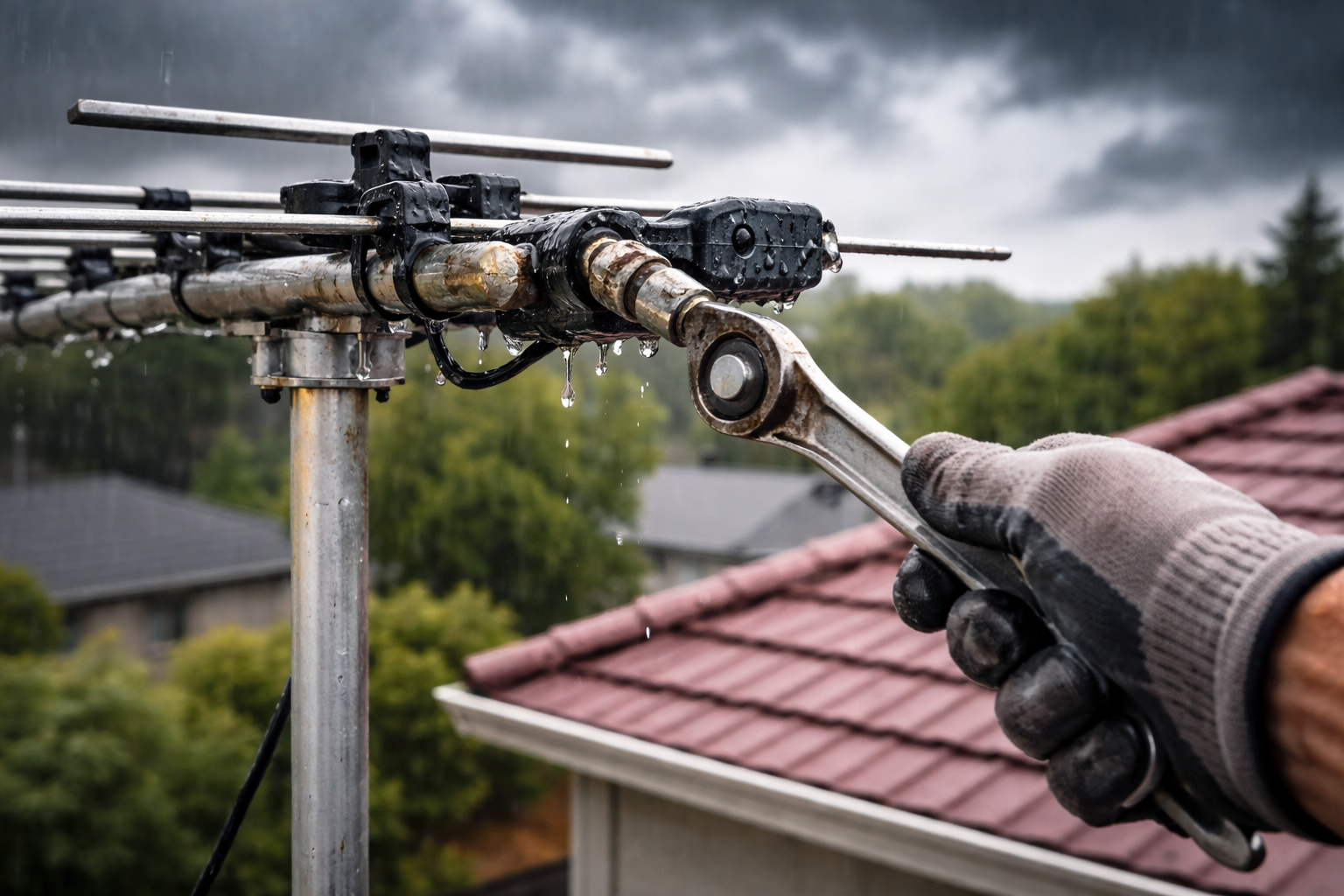 Technician adjusting a storm-damaged rooftop TV antenna showing antenna alignment shift and weather related signal faults