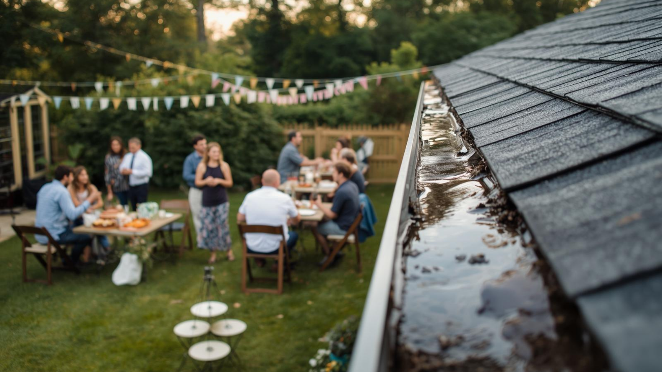 Clogged gutter causing water overflow during an Australia Day backyard party