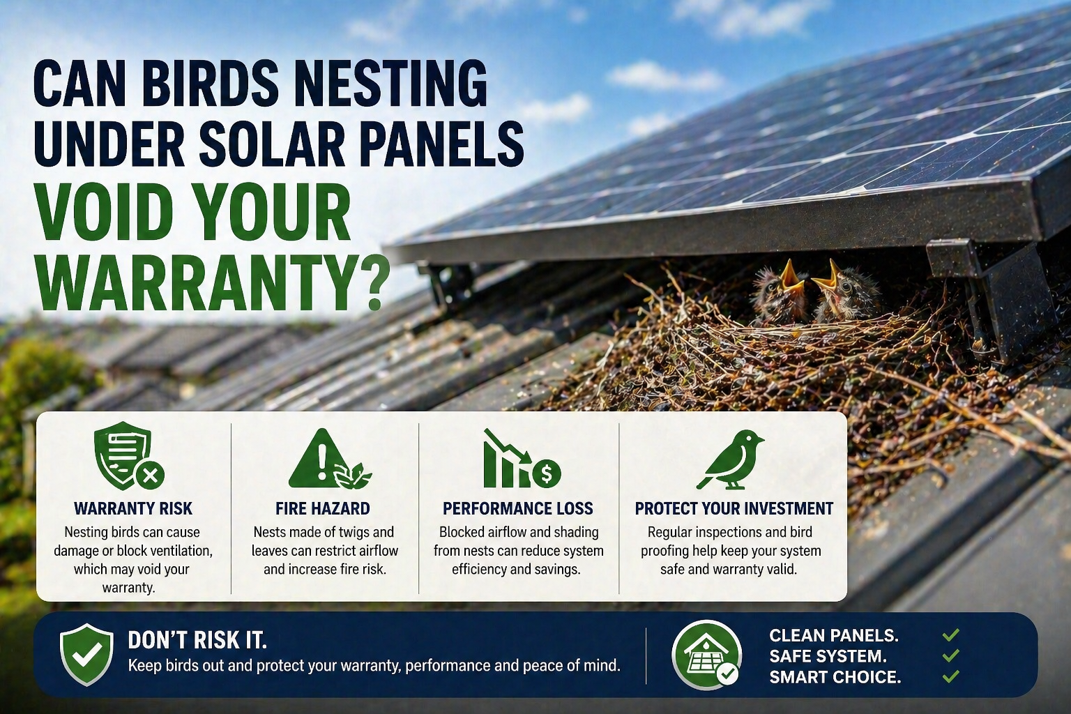 Birds nesting under solar panels risks