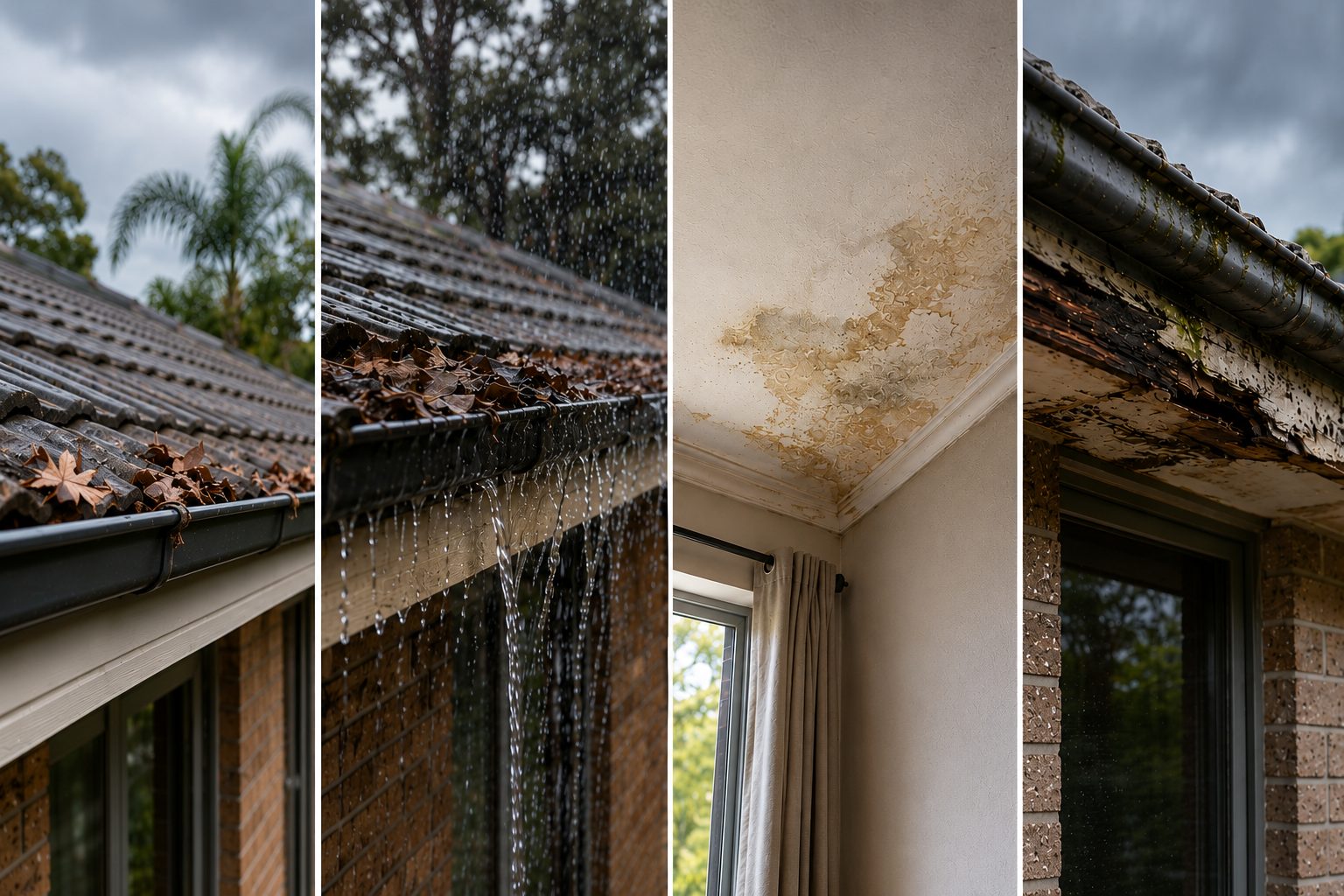 Newly installed house gutter filled with construction debris, gravel, dust, and timber offcuts during a residential building project in Australia.