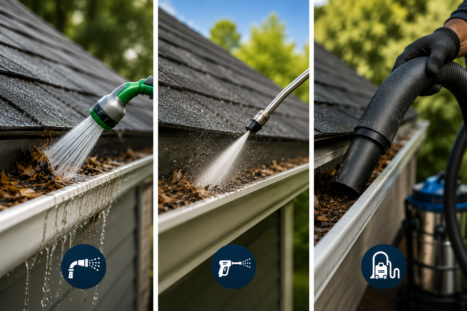 Comparison of three gutter cleaning methods in Australia: garden hose flushing, high-pressure water blasting, and industrial vacuum extraction removing debris from roof gutters.