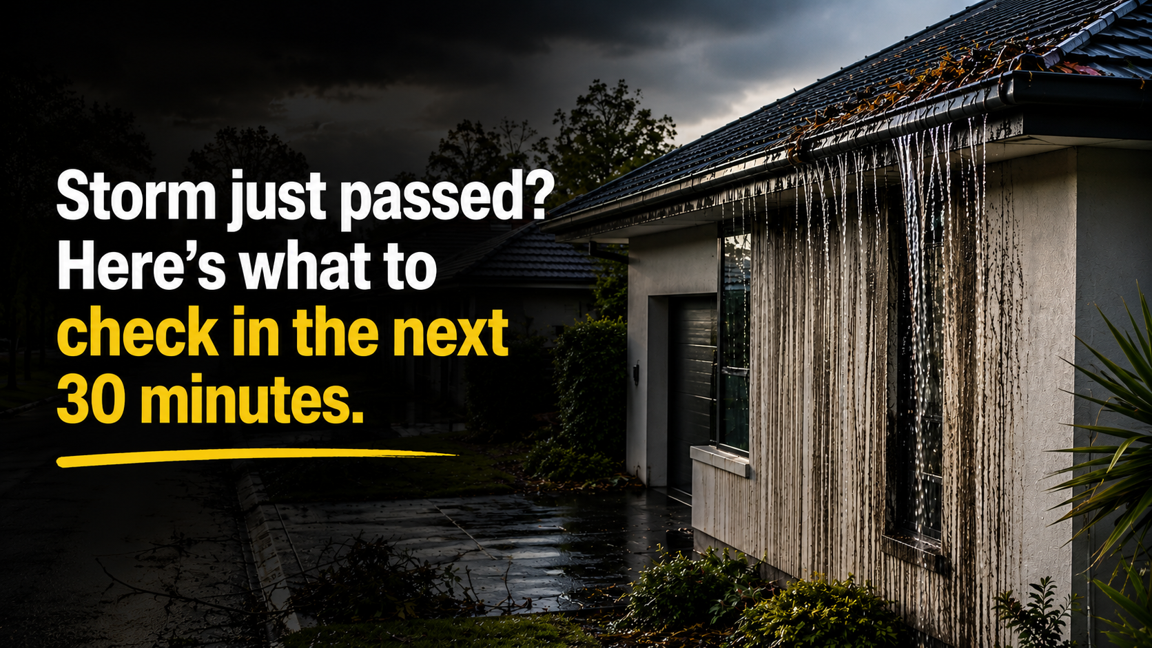 Overflowing roof gutters after a storm causing water to run down the exterior walls of an Australian suburban home under dark storm clouds.