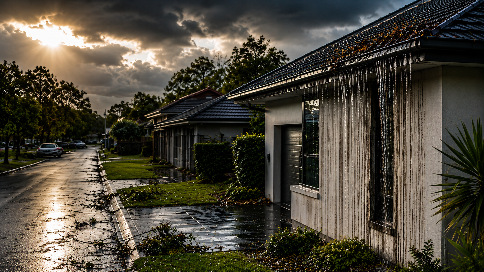 Overflowing roof gutters after a storm causing water to run down the exterior walls of an Australian suburban home under dark storm clouds.