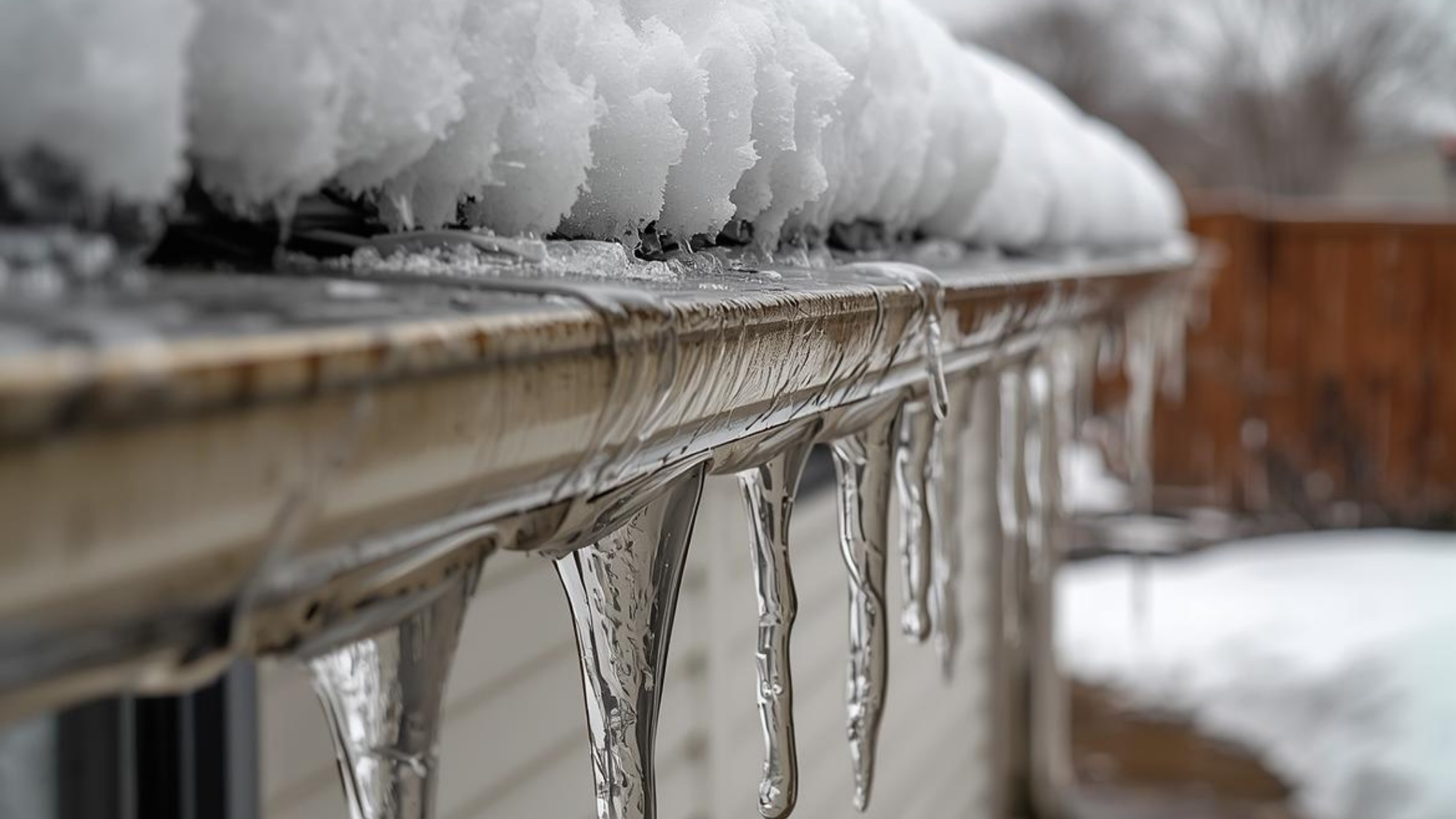 Overflowing gutter causing water damage to roof edge during heavy rain