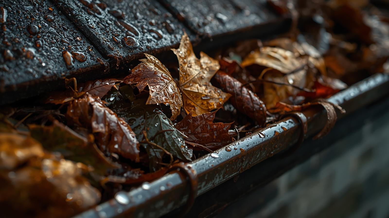 Wet leaves clogging gutter