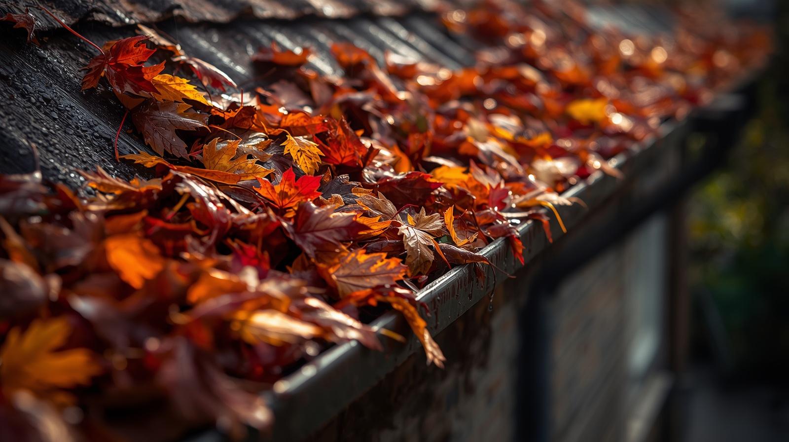 Gutter overflowing with leaves during autumn in Australia