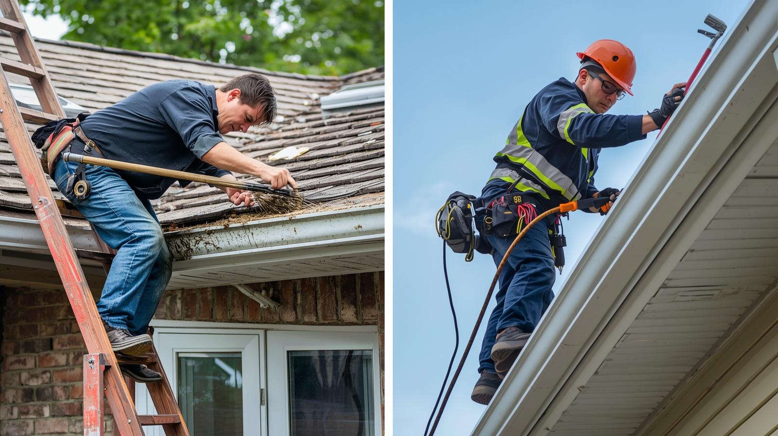 Homeowner cleaning gutters on ladder versus professional technician safely cleaning gutters