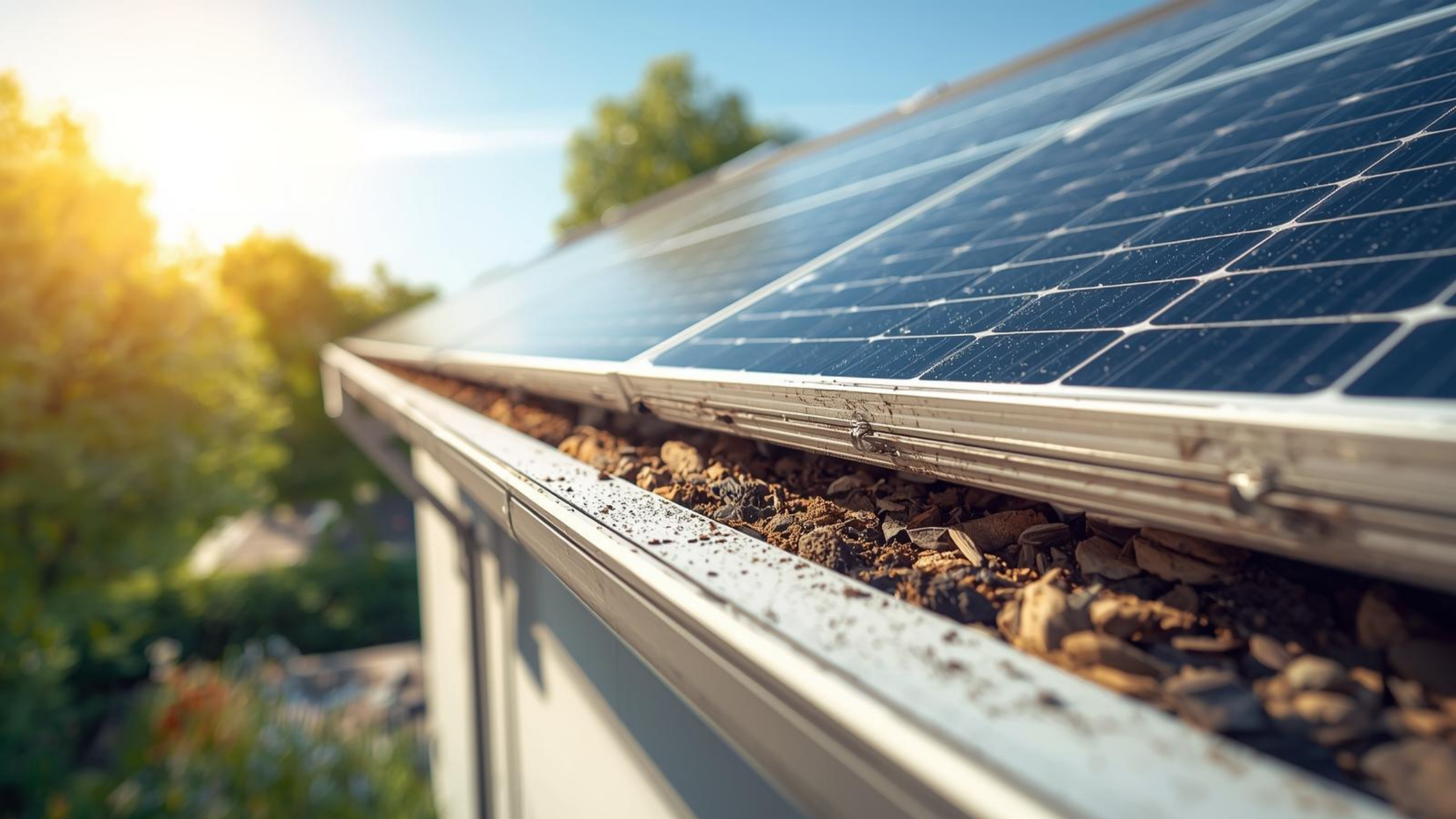 Roof debris buildup and blocked gutters beneath solar panels reducing summer solar efficiency