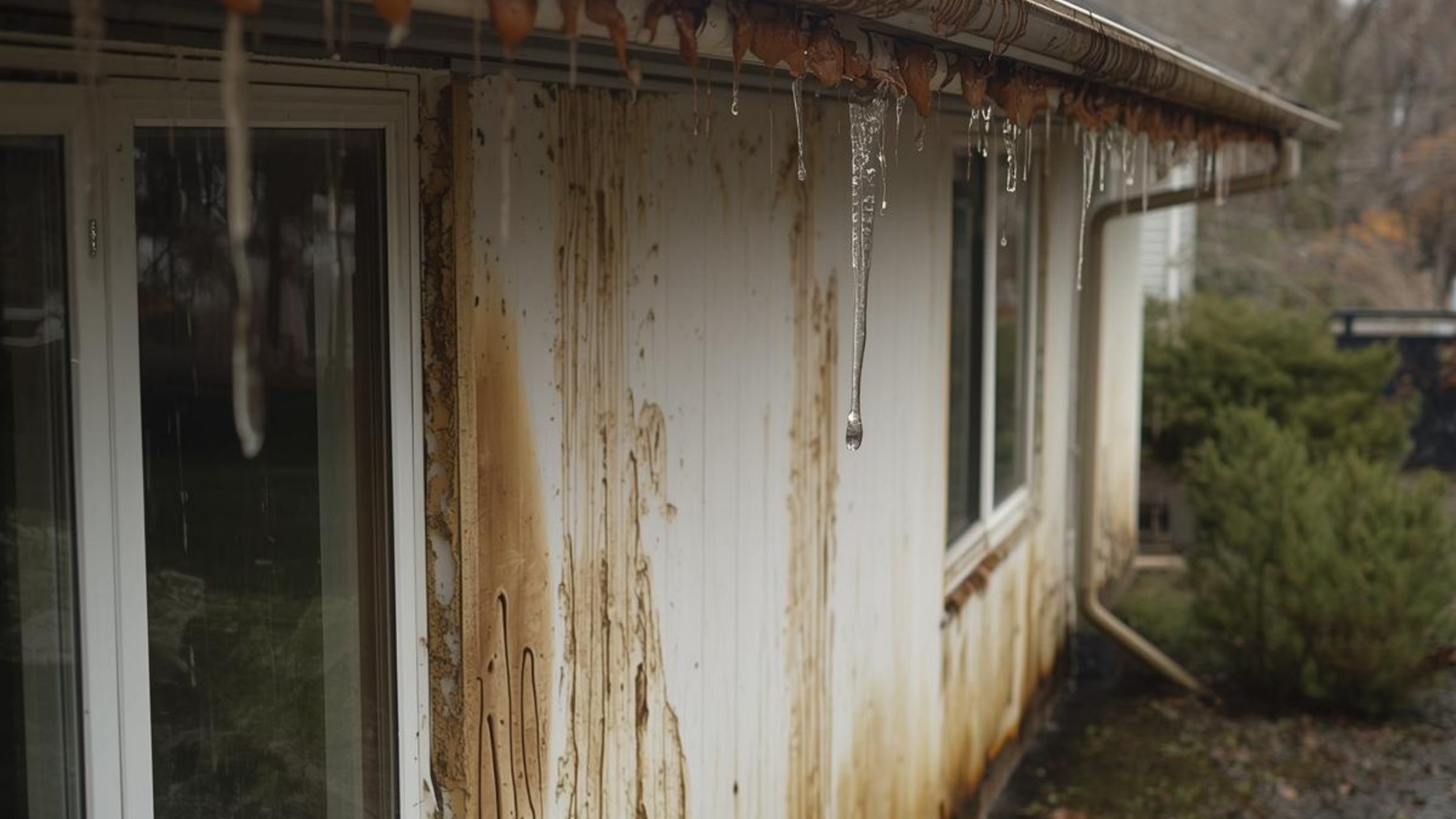 Interior wall damage caused by water leaking from overflowing gutters during a storm