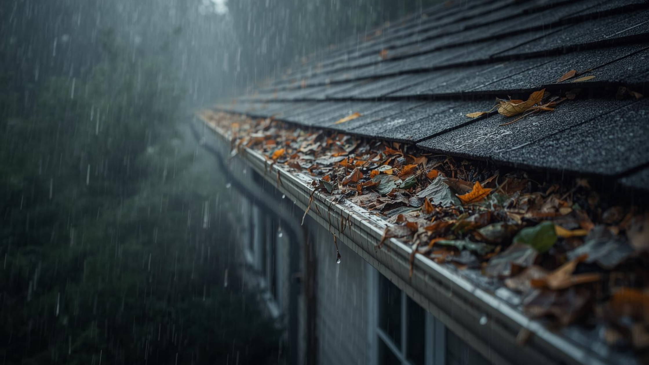 Blocked gutters overflowing during heavy rain causing roof leaks and water damage