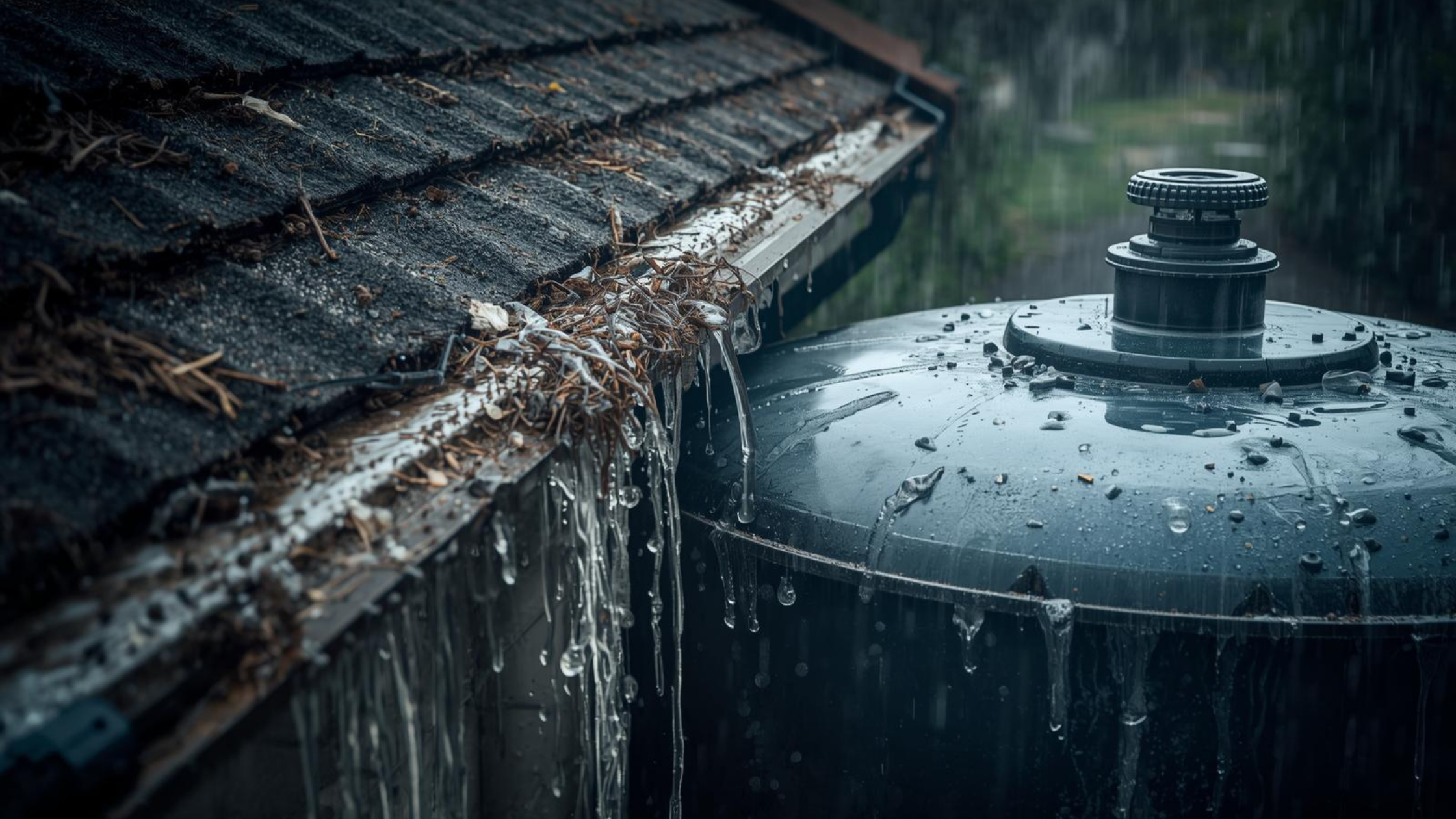 Rainwater tank failing to fill due to gutter debris buildup and blocked downpipes