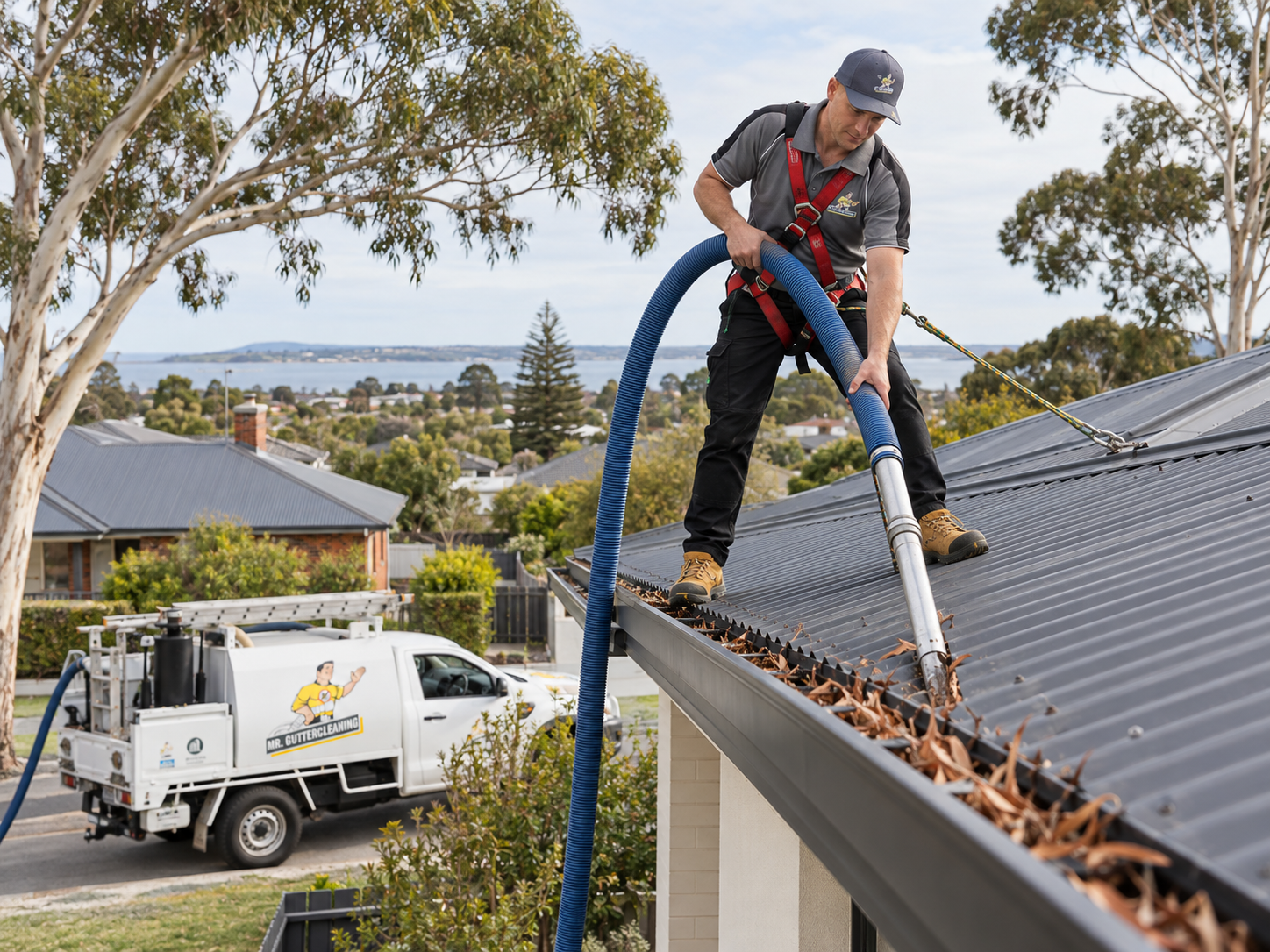 Gutter cleaning on a Geelong home with gum trees overhead