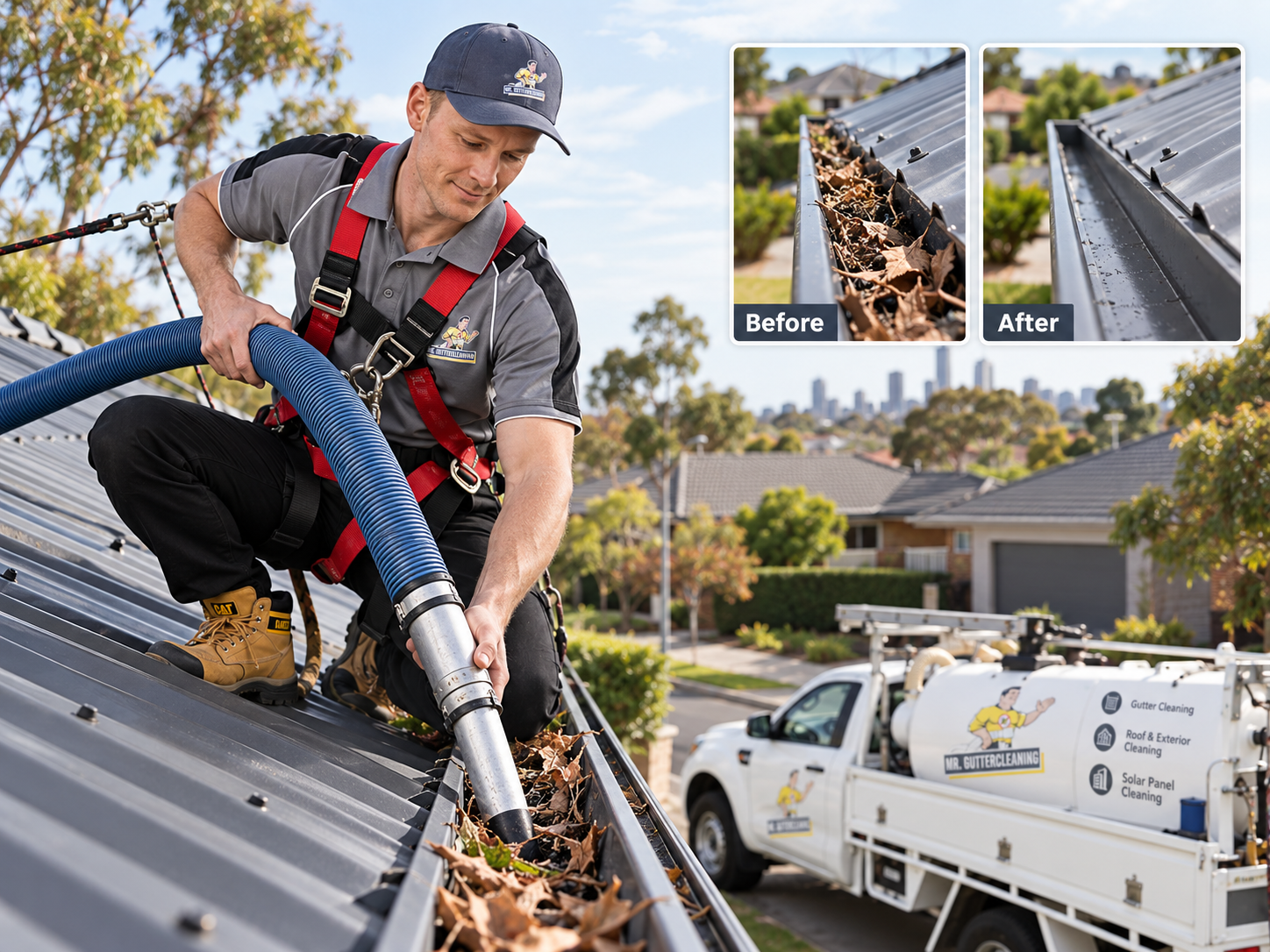 Gutter cleaner working on a Melbourne home, showing gutter cleaning cost factors