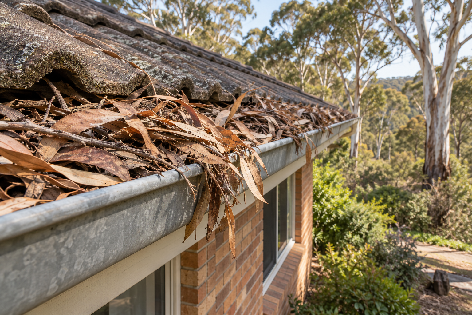 Gutters full of dry leaves on a Victorian home near bushland